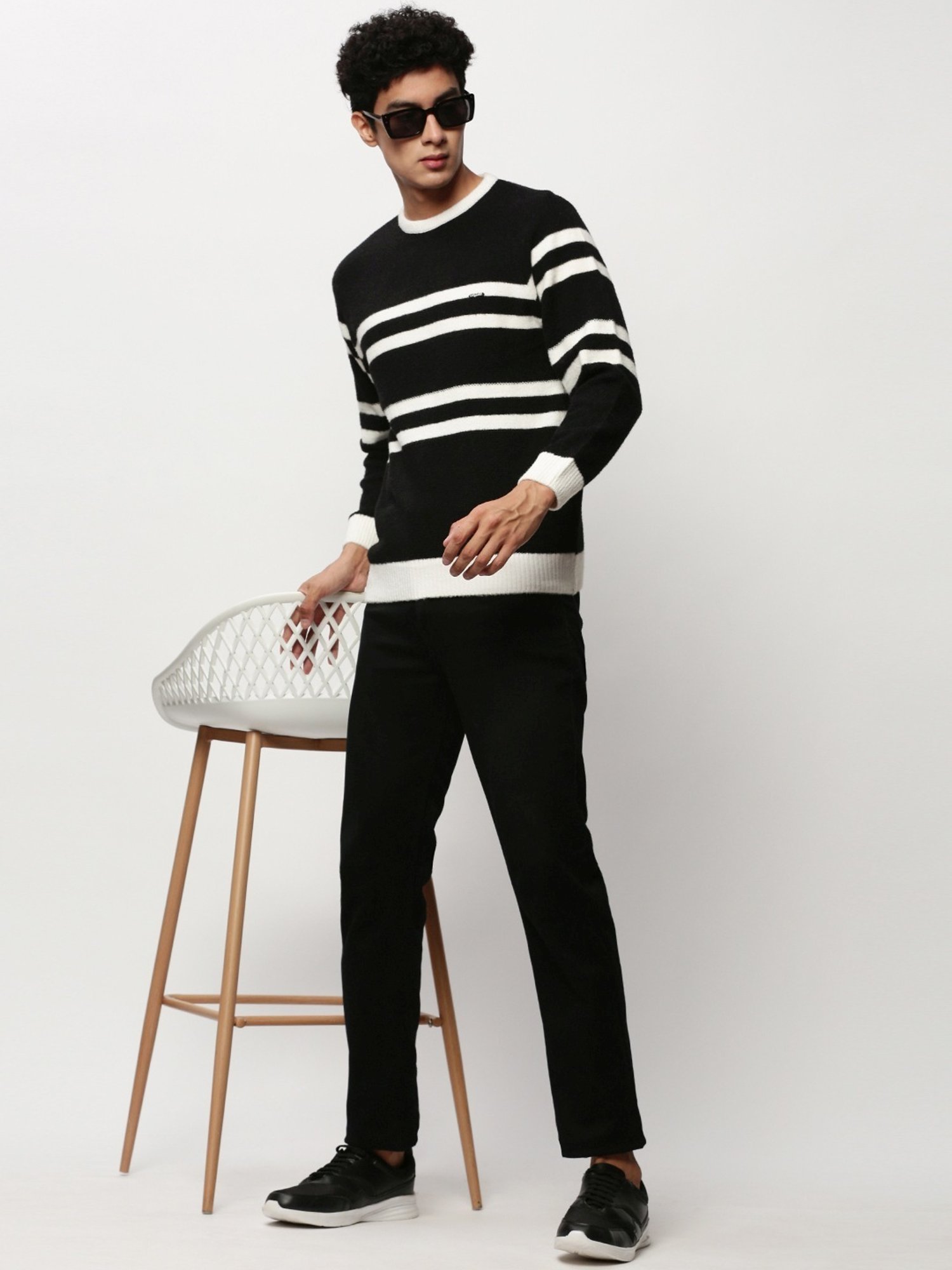 SHOWOFF Black Slim Fit Striped Sweater