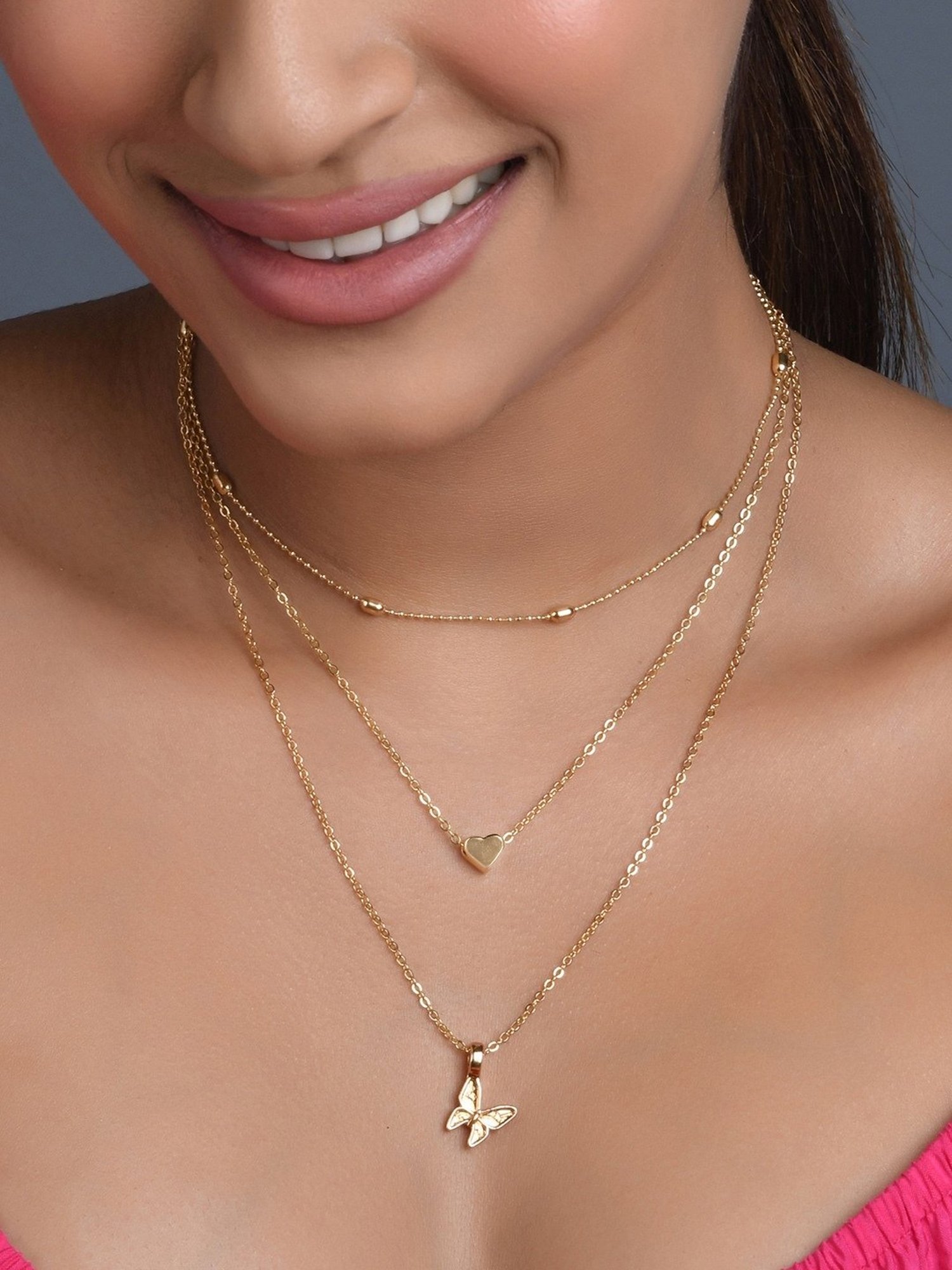 ToniQ Gold-Plated Butterfly & Heart Charm Layered Necklace for Women