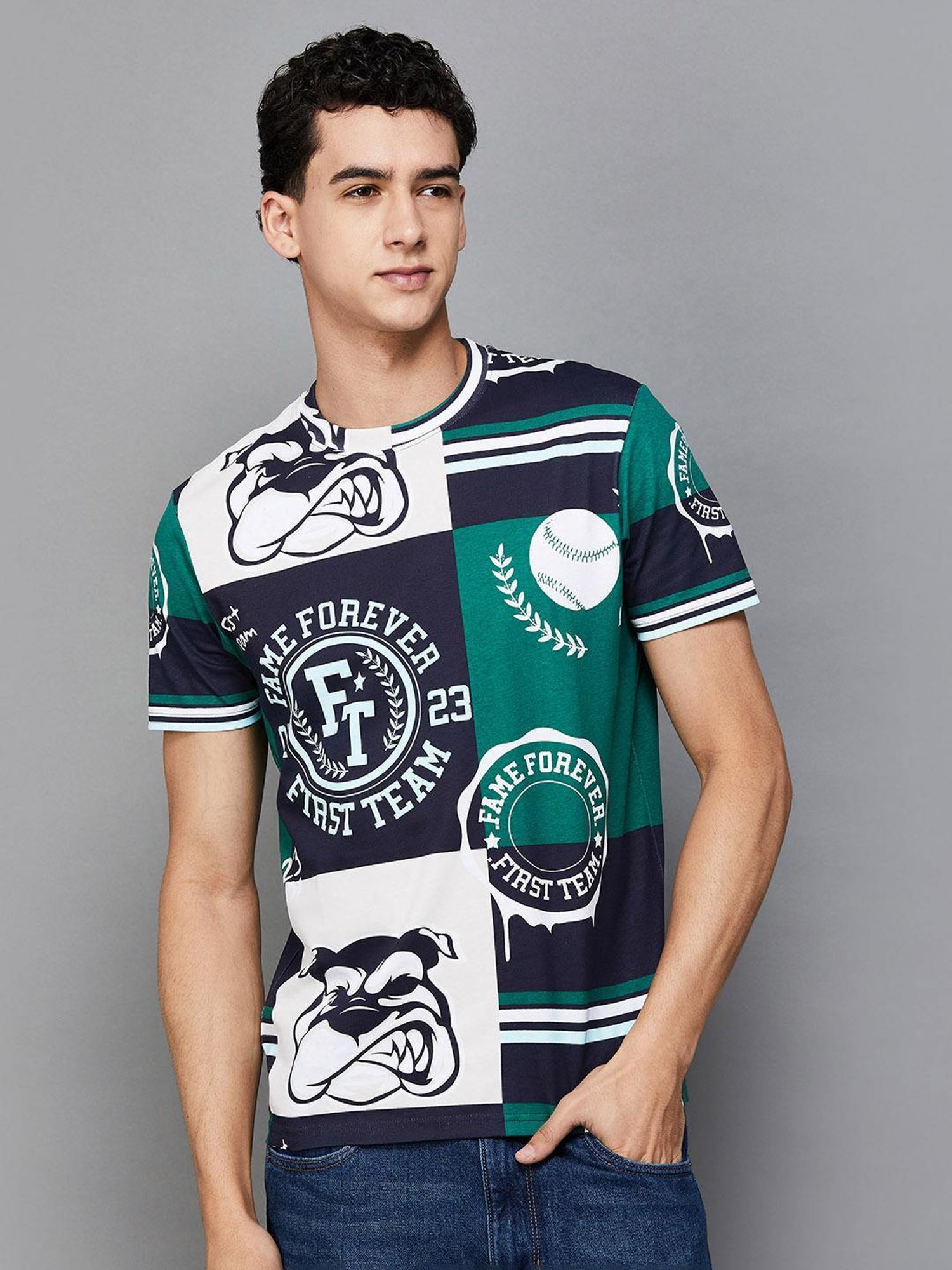 Fame Forever by Lifestyle Dark Green Cotton Regular Fit Printed T-Shirt