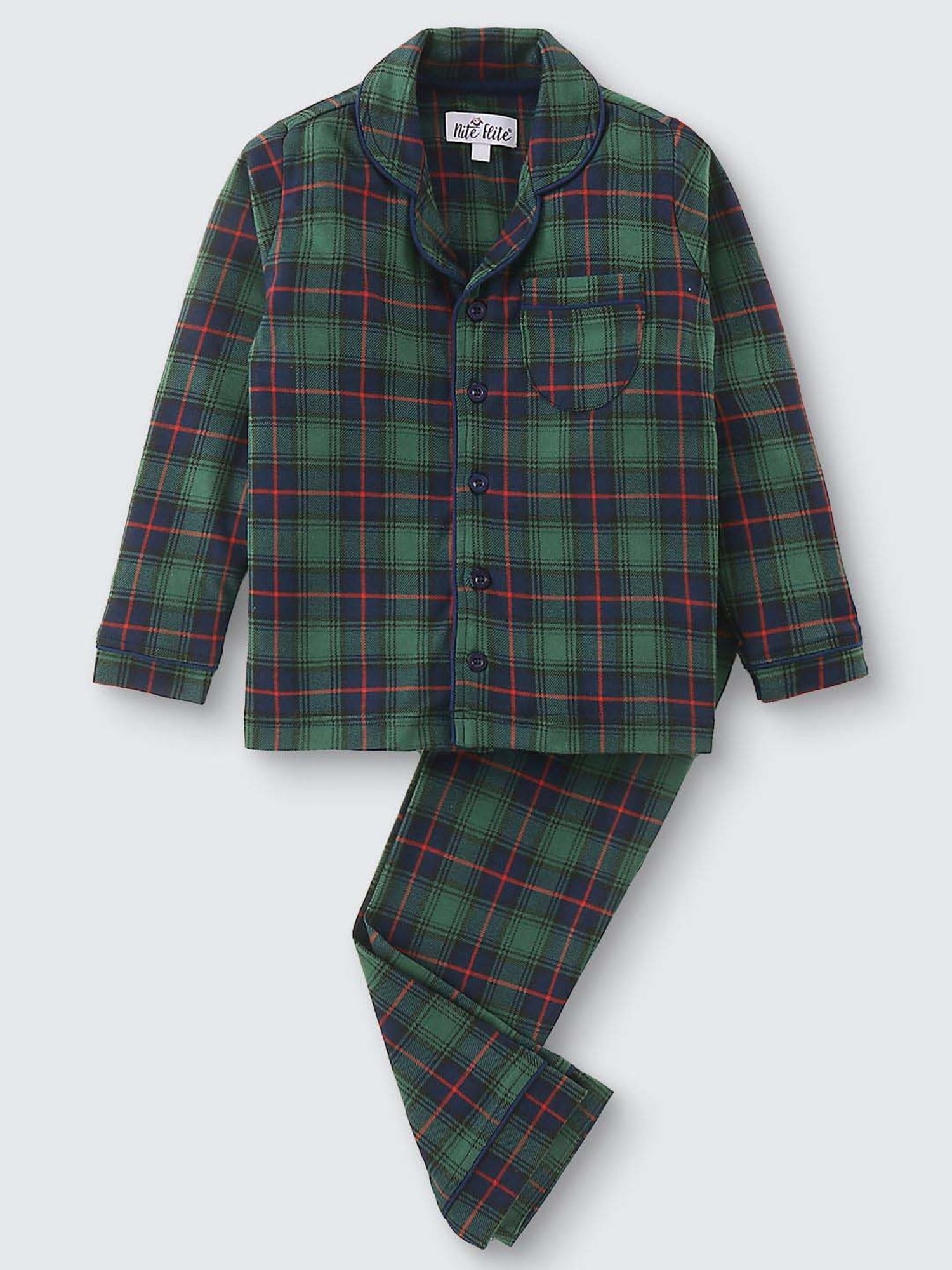 Nite Flite Boys Green & Blue Cotton Chequered Full Sleeves Shirt Set