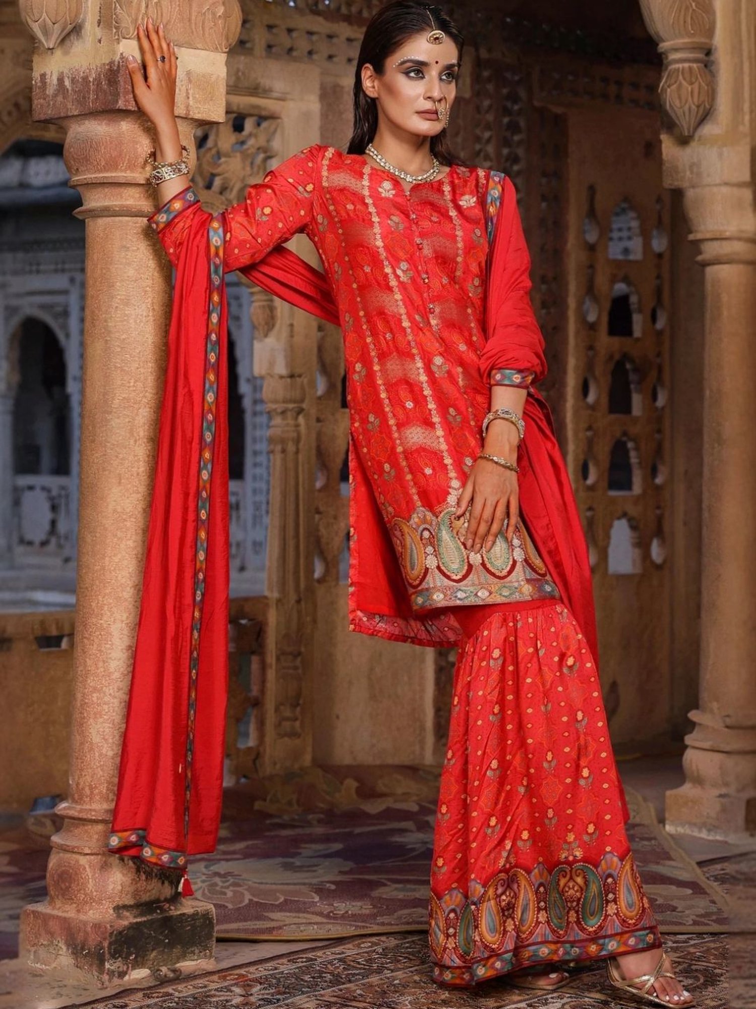Scakhi Red Dola Silk Jacquard Sharara Set Tunic With Sharara And Dupatta