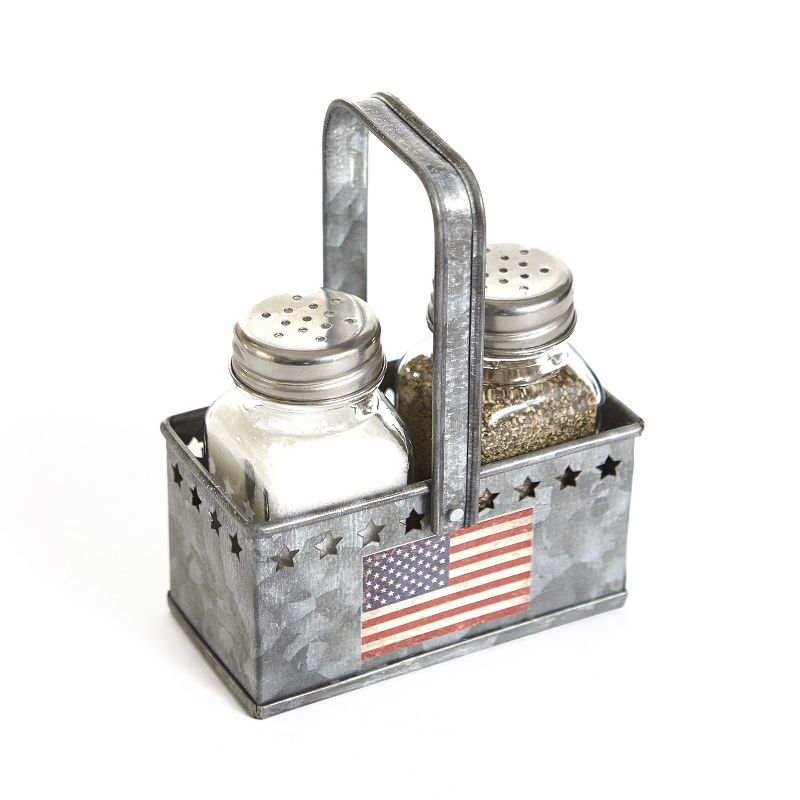 Lakeside Americana Salt and Pepper Shaker Metal Caddy Tray - 3 Pieces