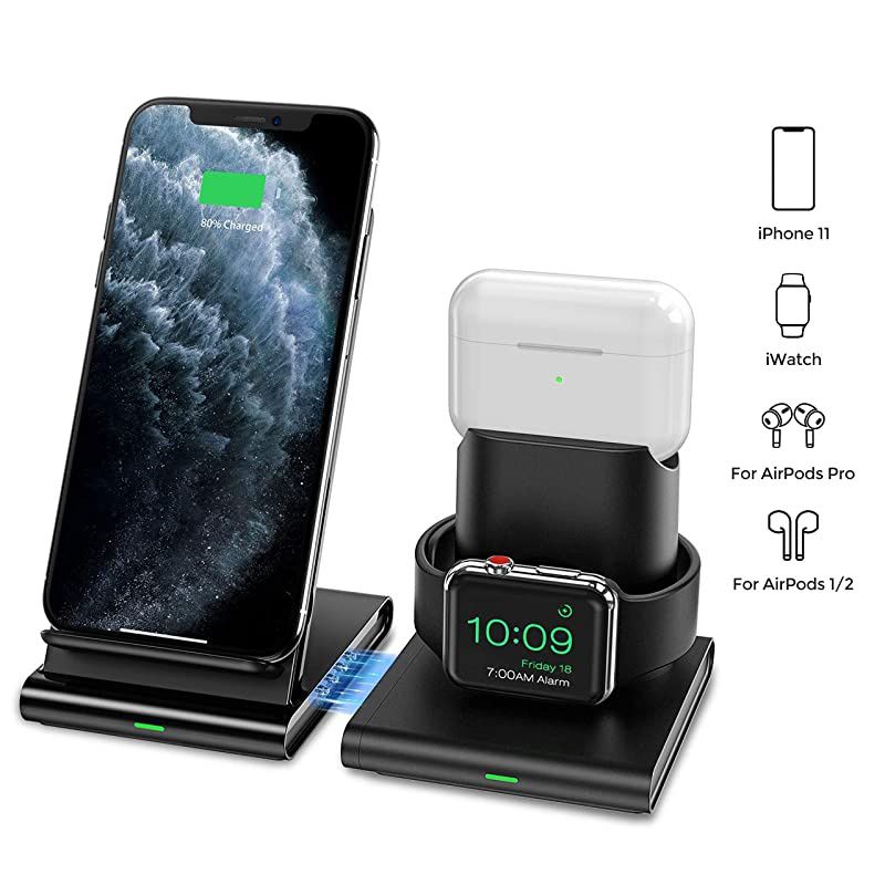 Wireless Charger, 3 in 1 Wireless Charging Station for Apple Watch, AirPods Pro/2, Detachable and Magnetic Wireless Charging Stand for iPhone 11 Pro Max/X/XS/XR/8Plus(NO QC 3.0 Adapter)
