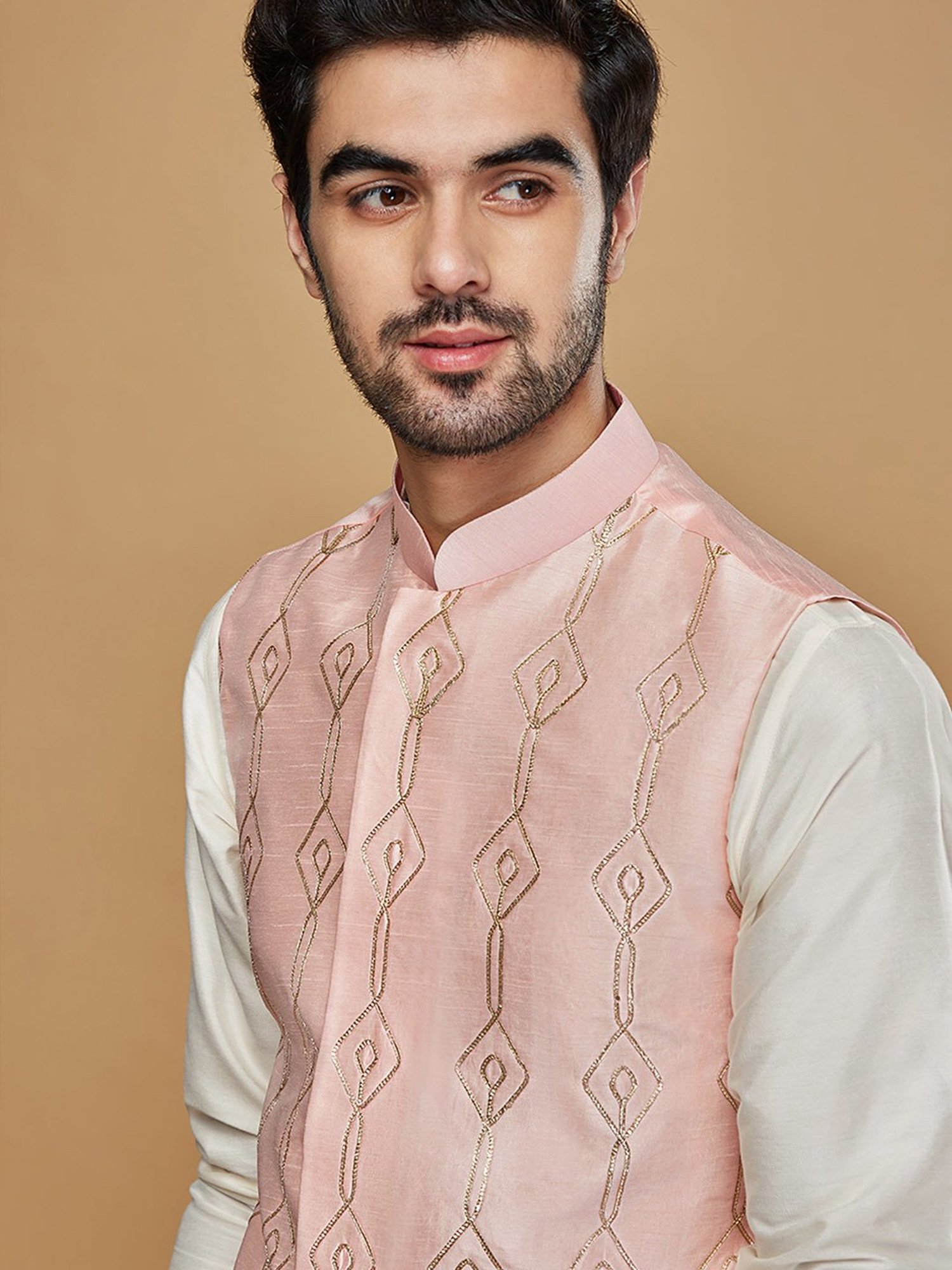 KISAH Pink Regular Fit Embroidered Nehru Jacket