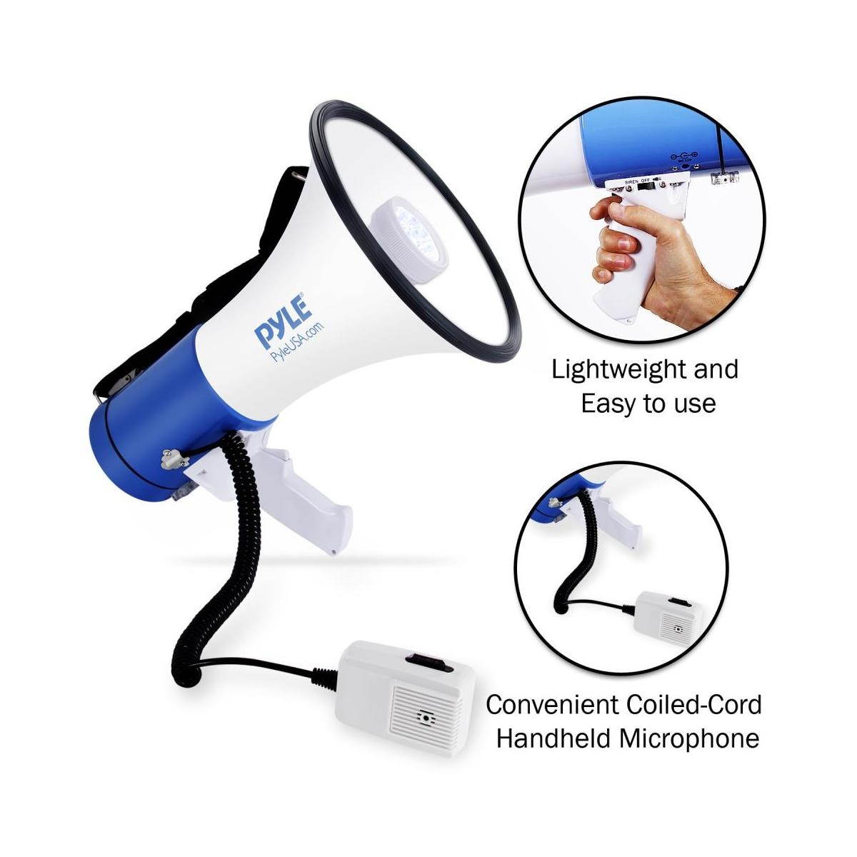 Pyle Portable Compact PA Megaphone Speaker w/ LED Flashlight, Alarm Siren, Adjustable Volume, 50W Handheld Lightweight Bullhorn w/ Detachable Mic, Battery Powered, For Indoor Outdoor Use (PMP51LT)