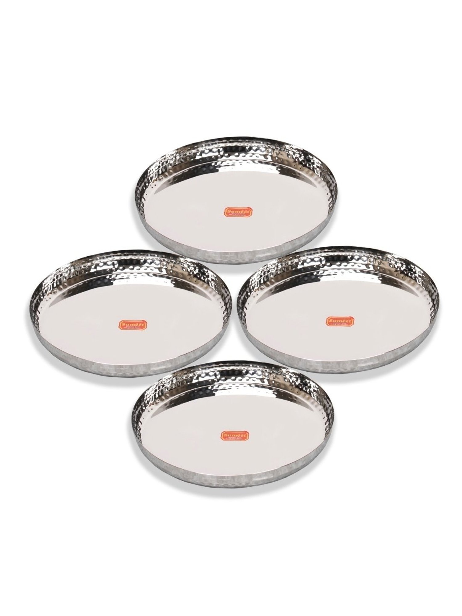 Sumeet S.S.Handcrafted Hammered Texture Heavy Gauge Mirror Finish Royal Dinner Plate set-4pc,29.5cm