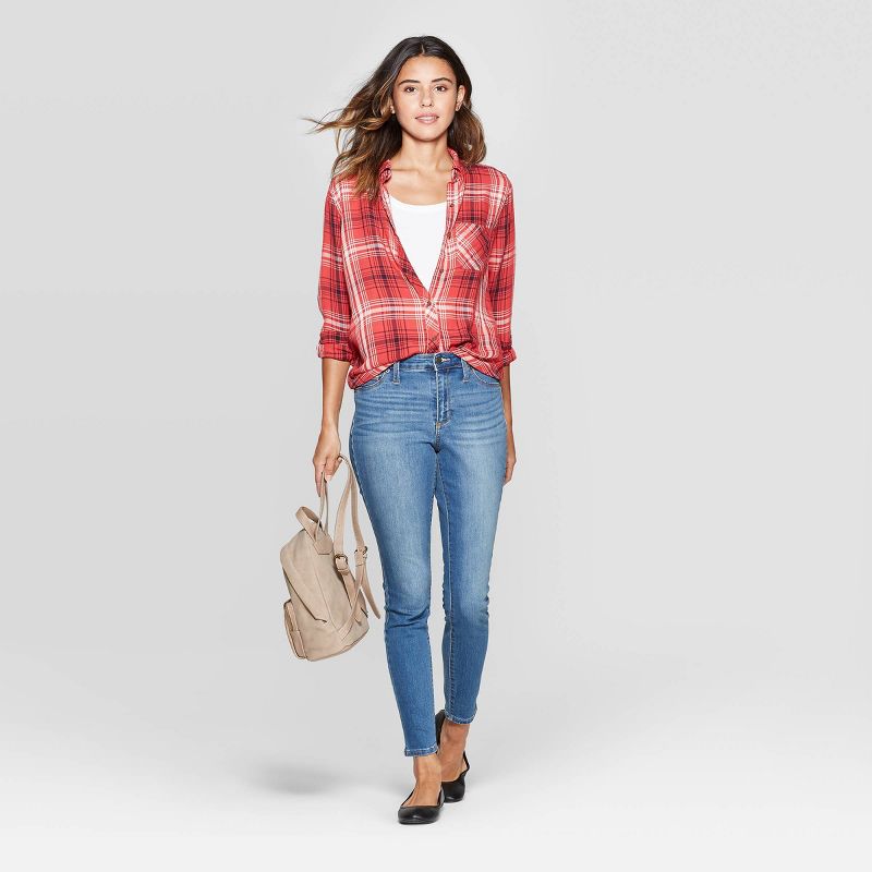 Women's Plaid Long Sleeve Button-Down Shirt - Universal Thread™ Red S