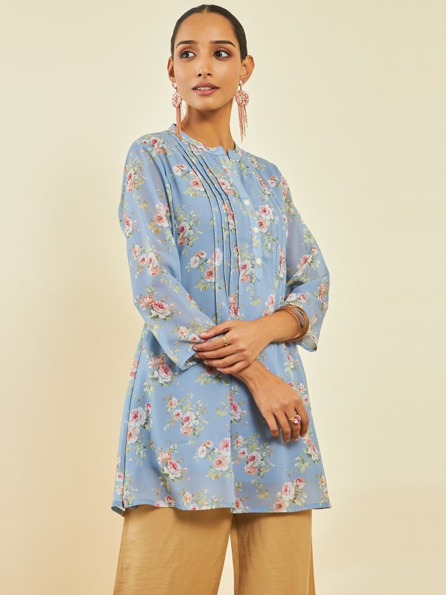 Soch Blue Georgette Floral Print A-Line Tunic