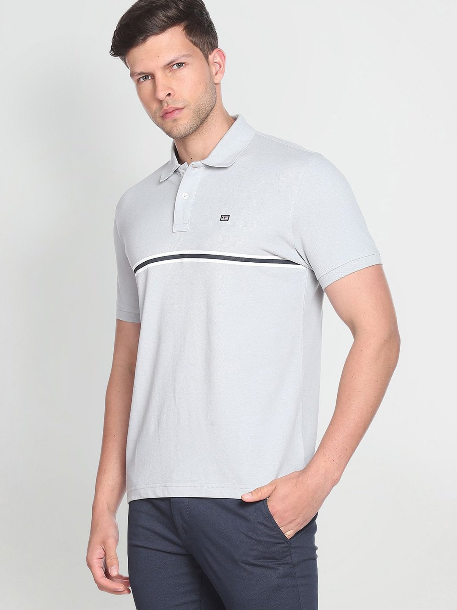 Arrow Sport Light Grey Cotton Regular Fit Striped Polo T-Shirt