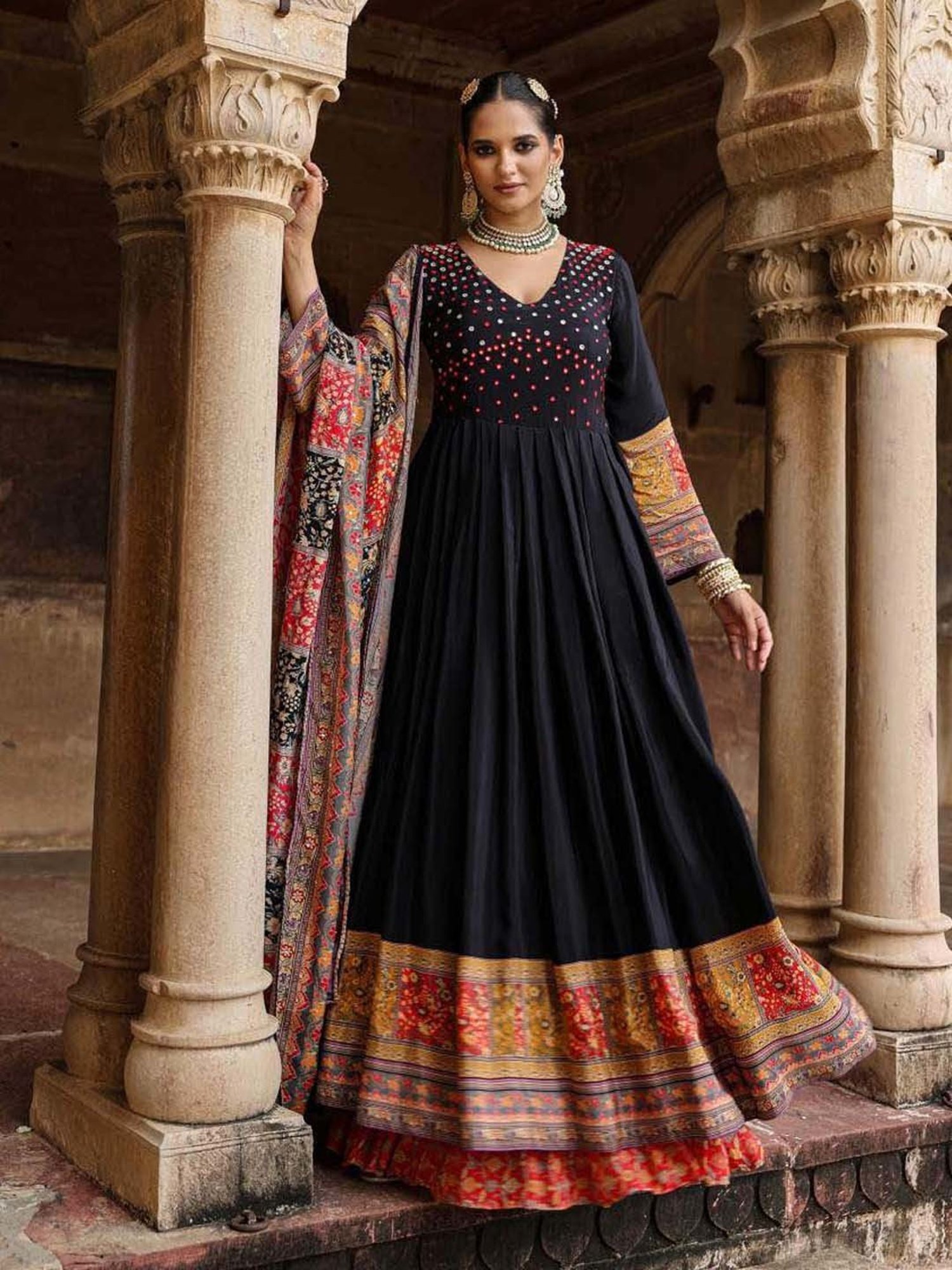 SCAKHI Black Embellished Maxi Dress With Dupatta