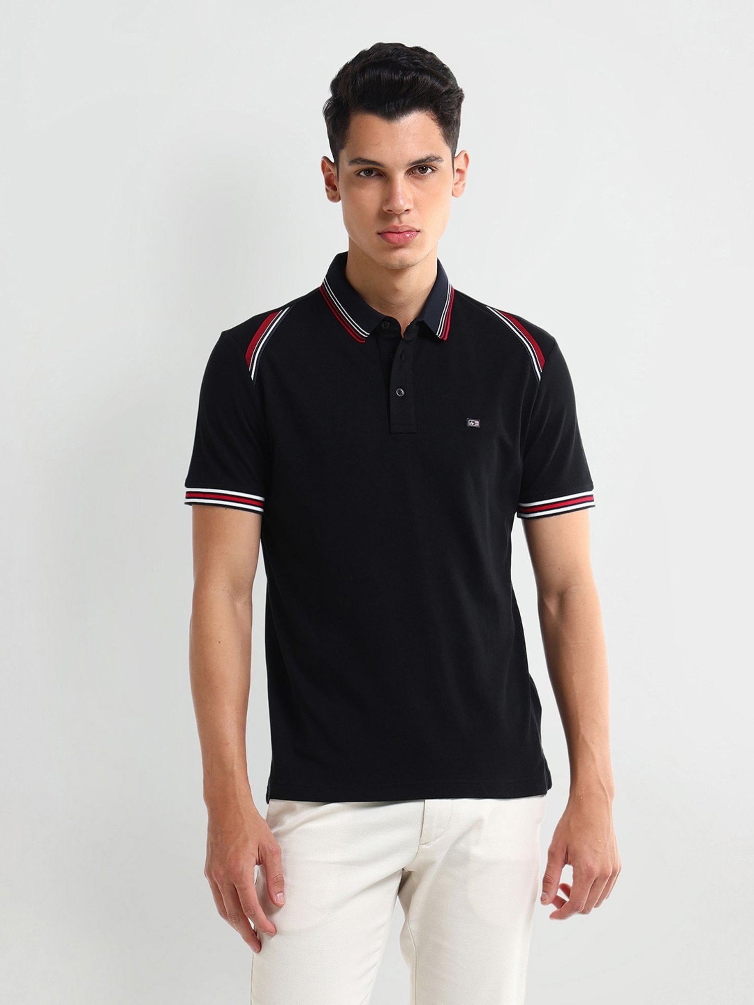 Arrow Black Cotton Regular fit Solid Polo T-Shirt