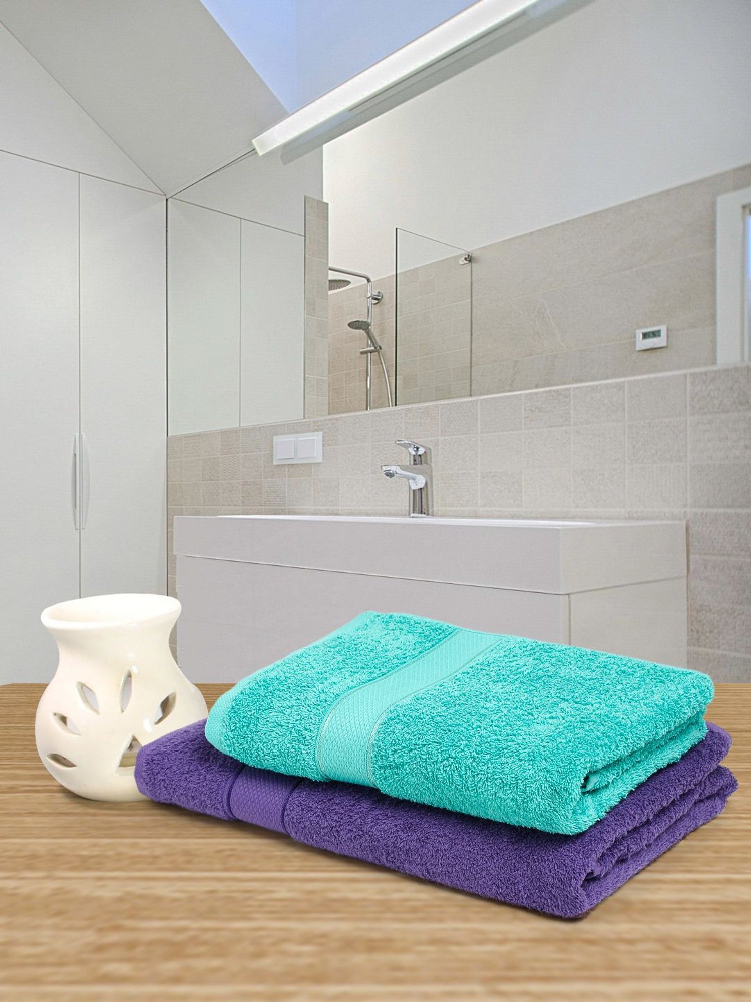Creeva Violet & Sea Green 525 GSM Cotton Bath Towel Set of 2