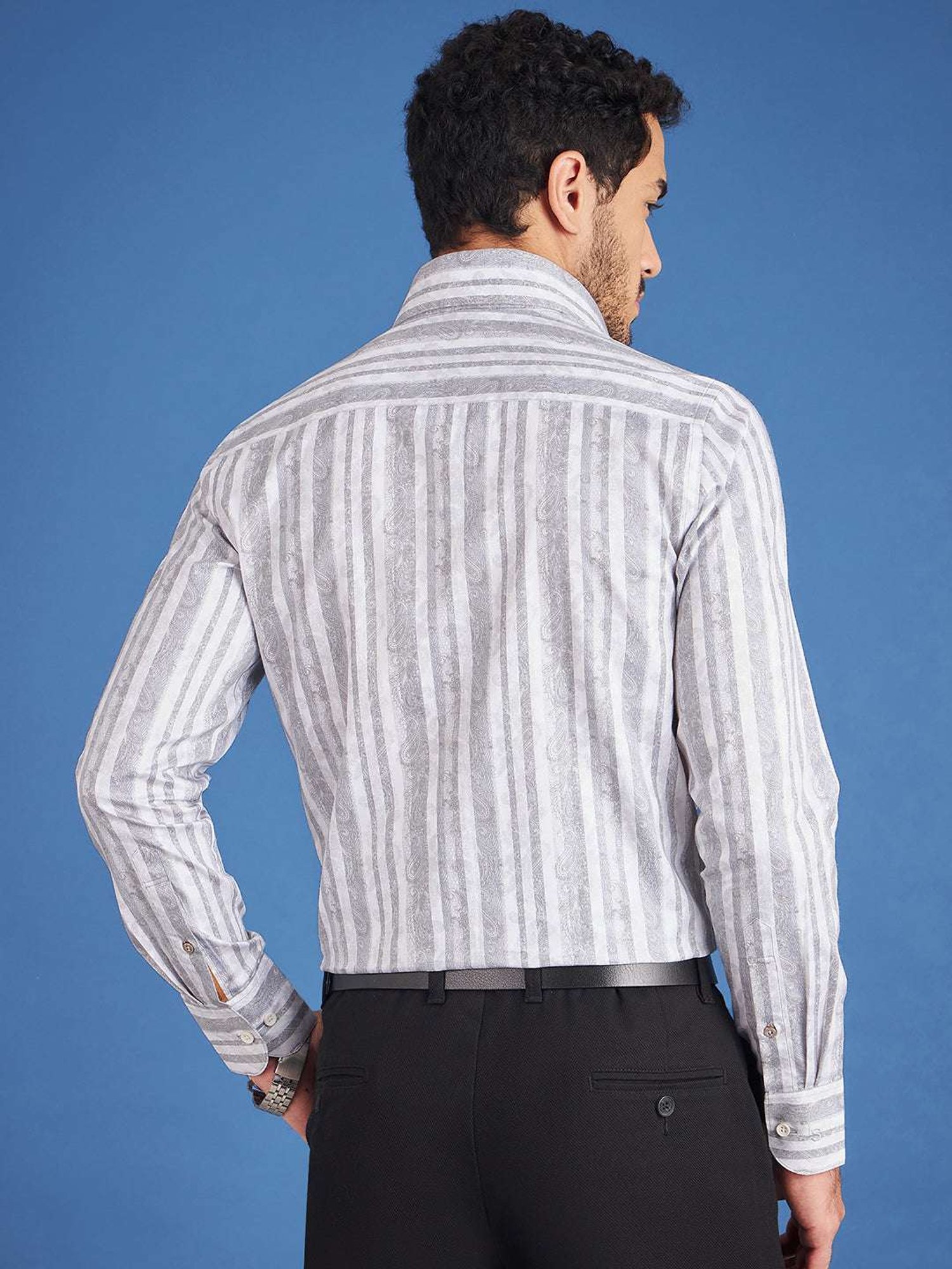 Louis Stitch White And Grey Cotton Regular Fit Striped Shirt