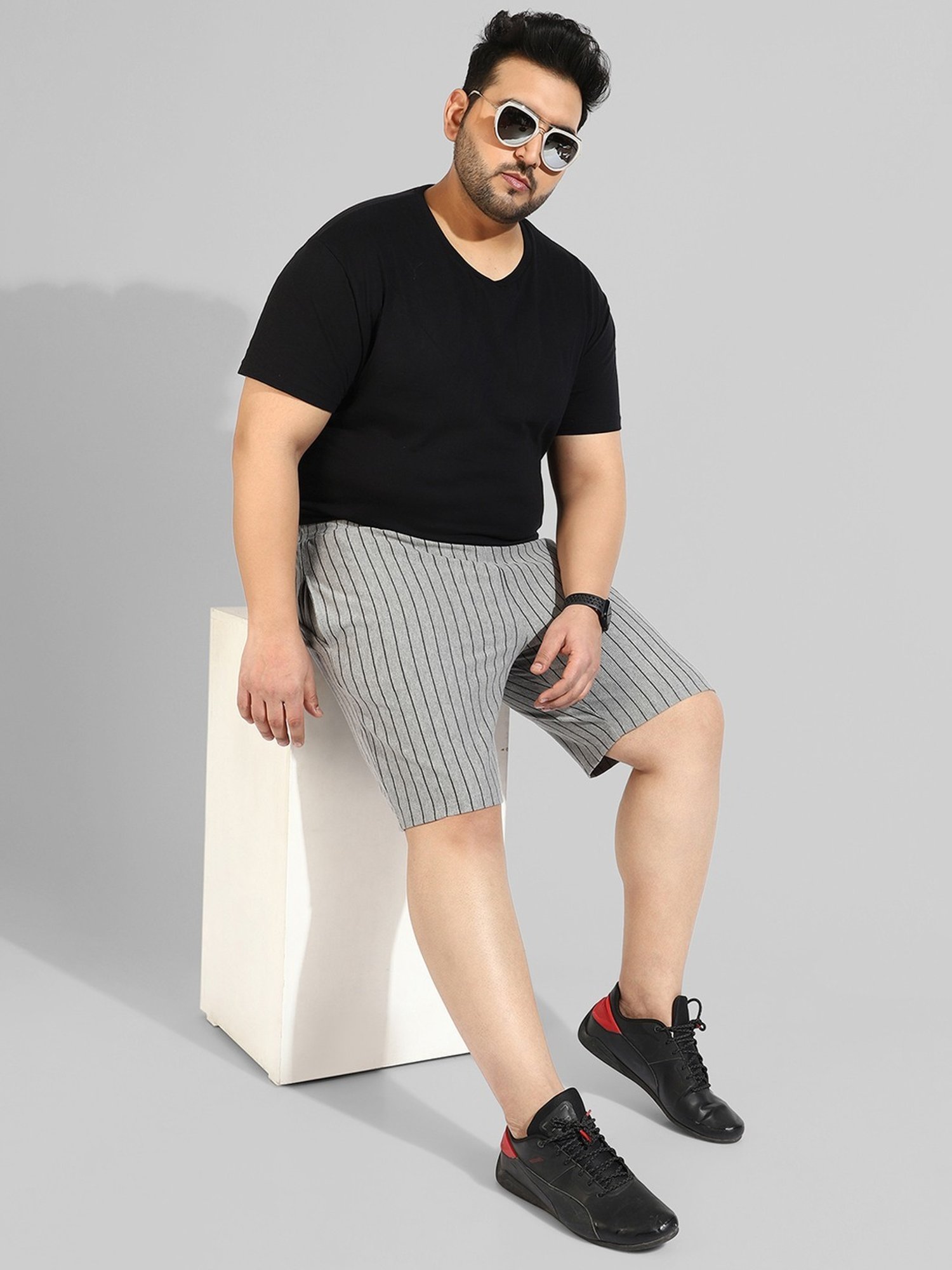 Instafab Plus Grey Cotton Regular fit Striped Plus Size Shorts