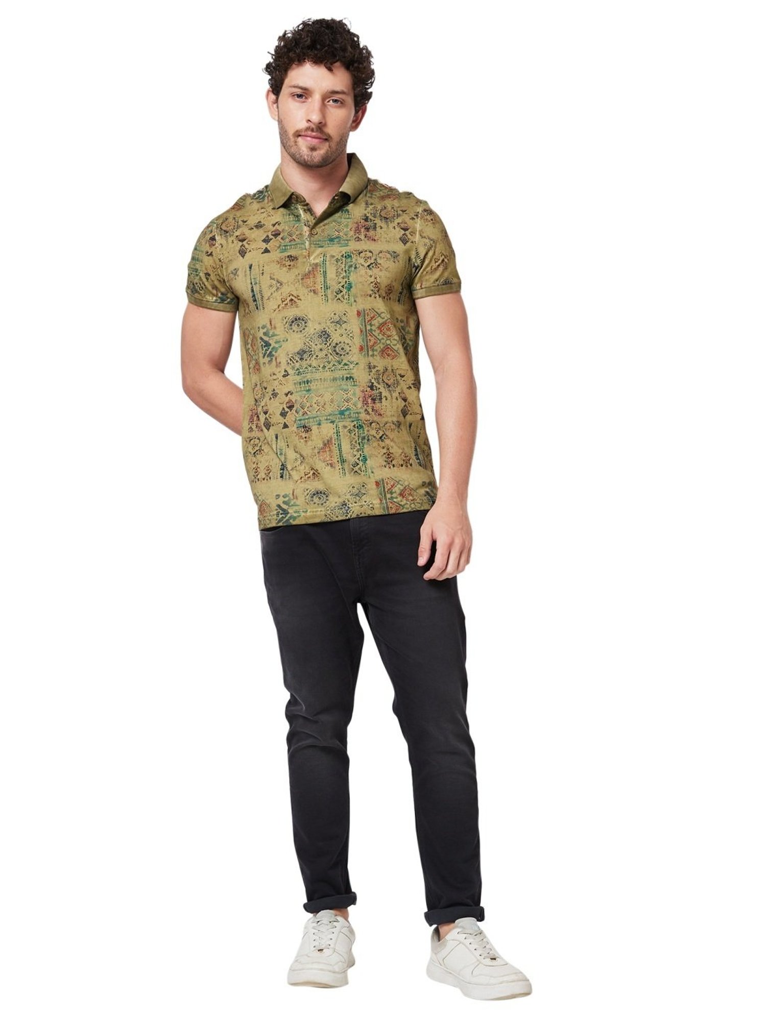 Spykar Green Cotton Slim Fit Printed Polo T-Shirt