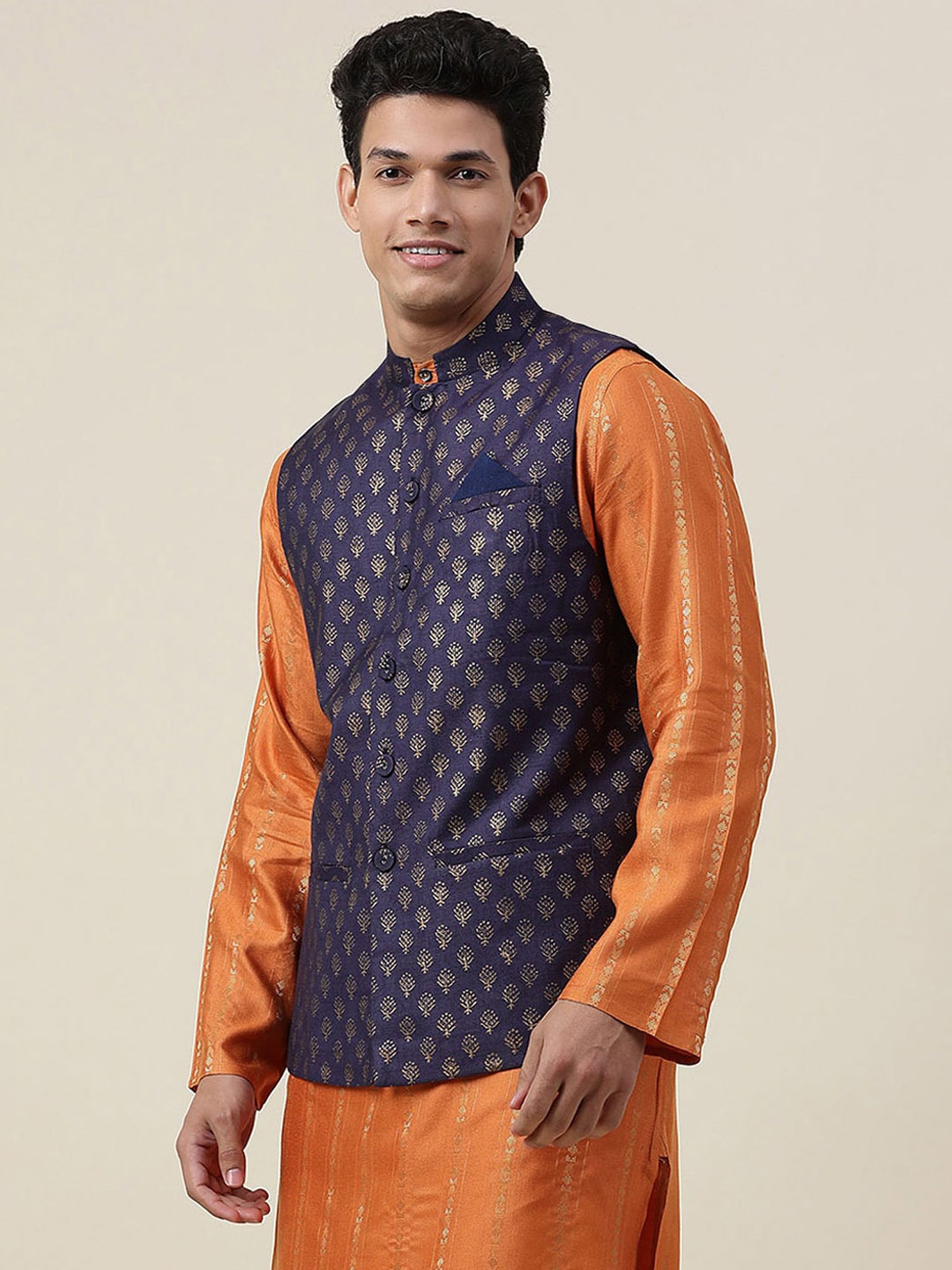 Fabindia Navy Regular Fit Printed Nehru Jacket