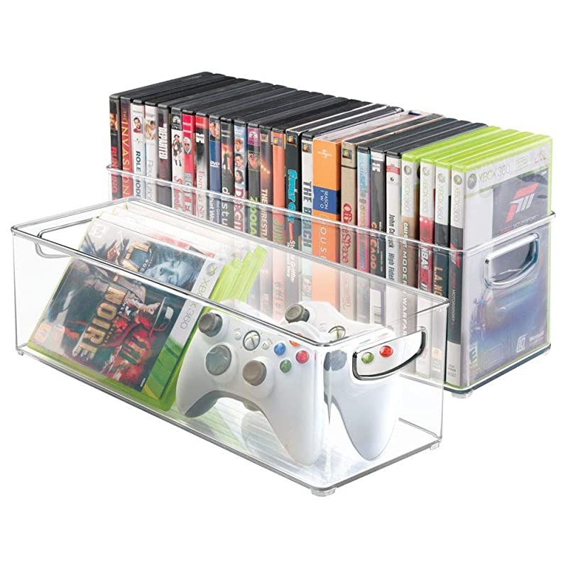 Plastic Stackable Household Storage Organizer Container Bin with Handles for Media Consoles Closets Cabinets Holds DVDs Video Games Gaming Accessories Head Sets 2 Pack Clear