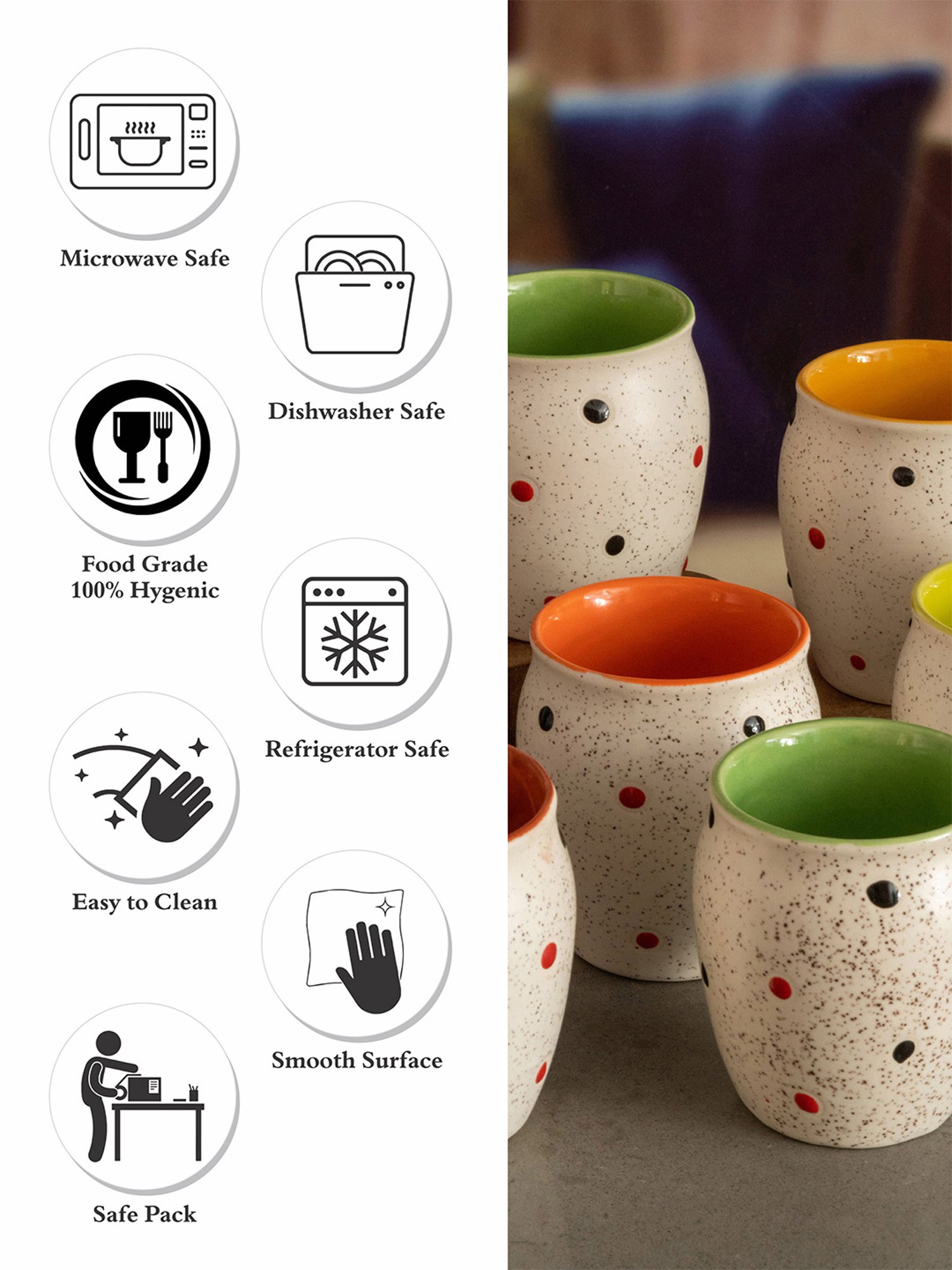 ROXX Printed Multicolor Stoneware Coffee Dotty Kulhar - Set of 6 (180ml)