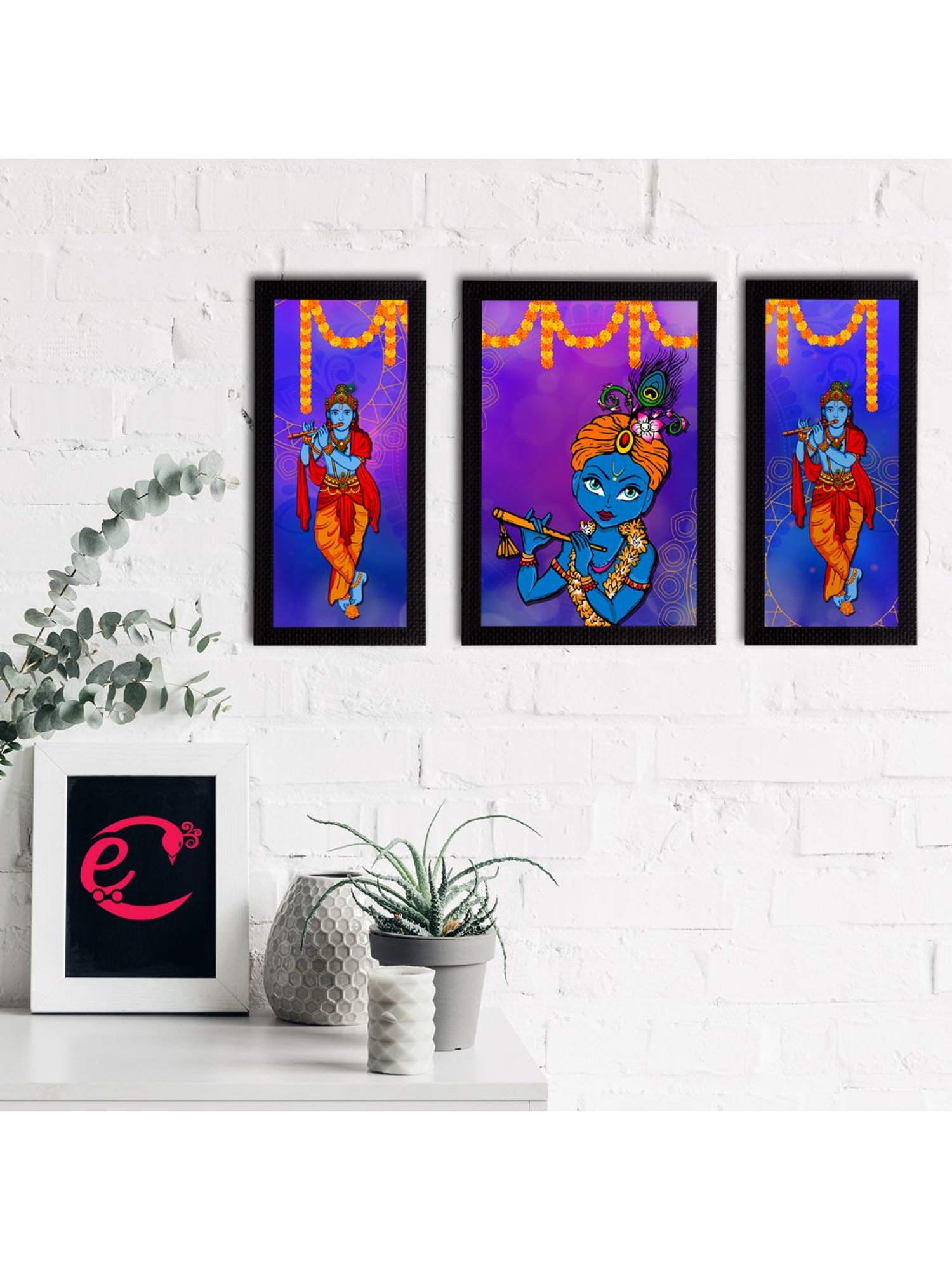 eCraftIndia Set of 3 Lord Krishna Satin Matt Texture UV Art Painting