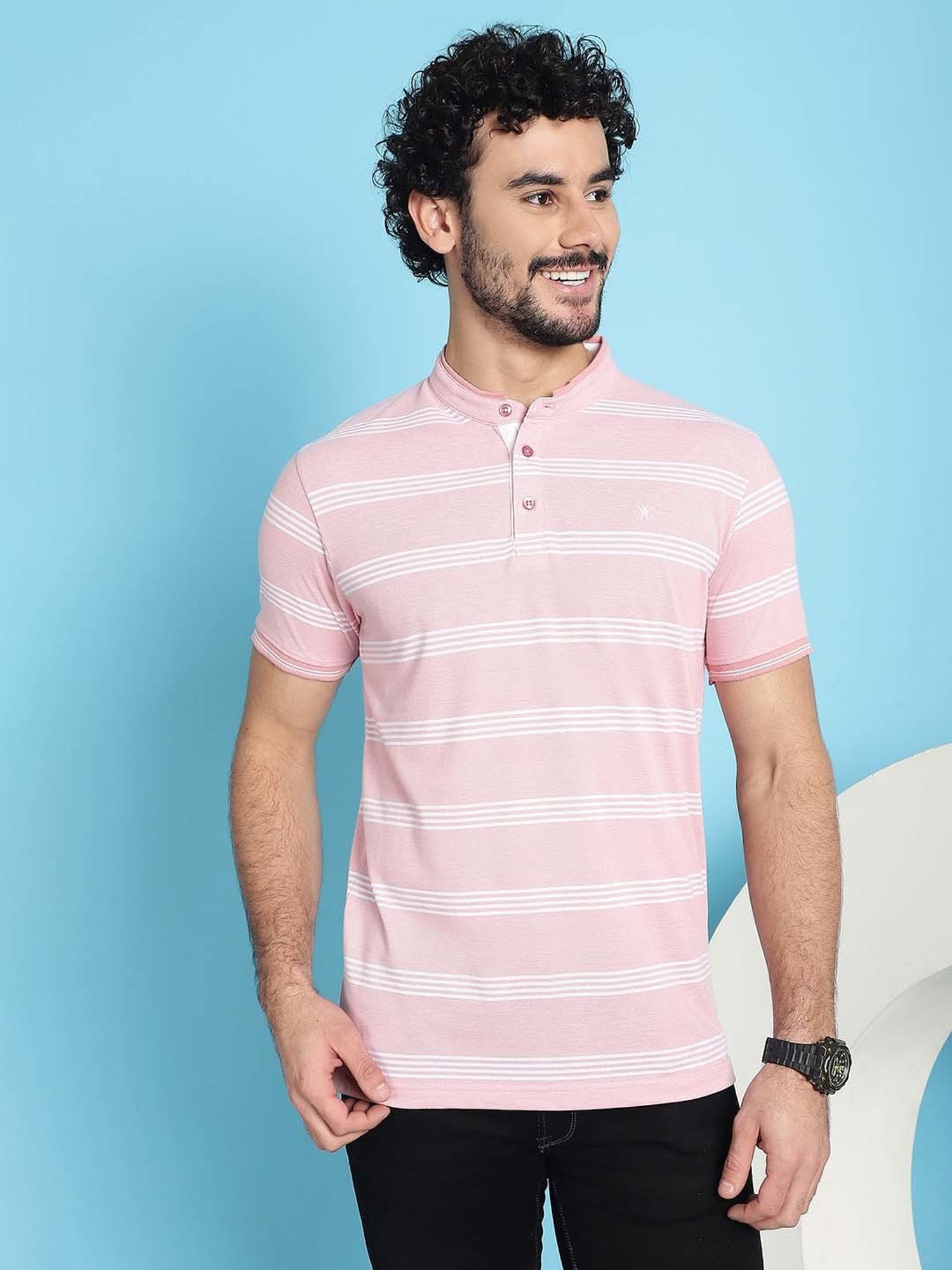 Venitian- Forbidden Clothing Pink Slim Fit Striped Crew T-Shirt