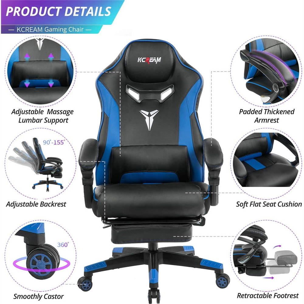 KCREAM Racing Style PC Gamer Chair Large Size Ergonomic Computer Chair with Build-in Lumbar Support Footrest and Adjustable Recliner High Back PU Leather Gaming Chair for Adult