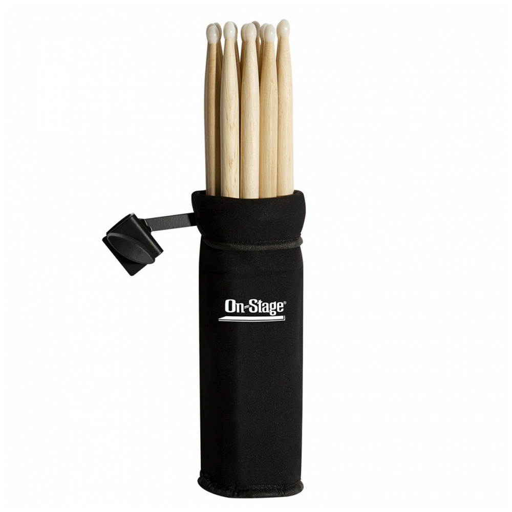 On Stage Hickory 2B Nylon Tip Drumsticks 12 Pairs + On Stage Clamp-On Drum Stick Holder + On Stage Chrome Plated Drum Tuning Key