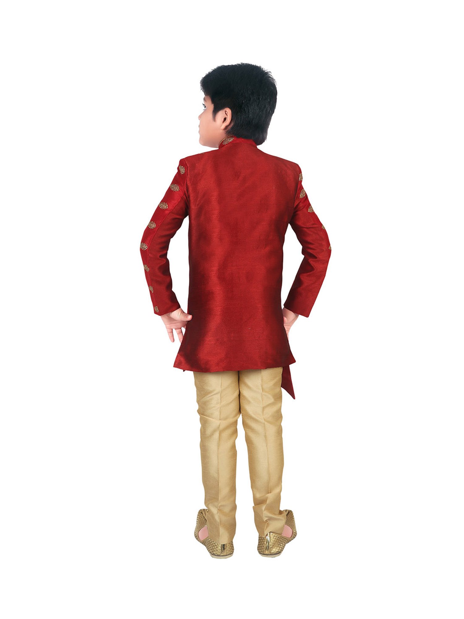 Ahhaaaa Kids Maroon & Gold Embroidered Kurta with Pajamas