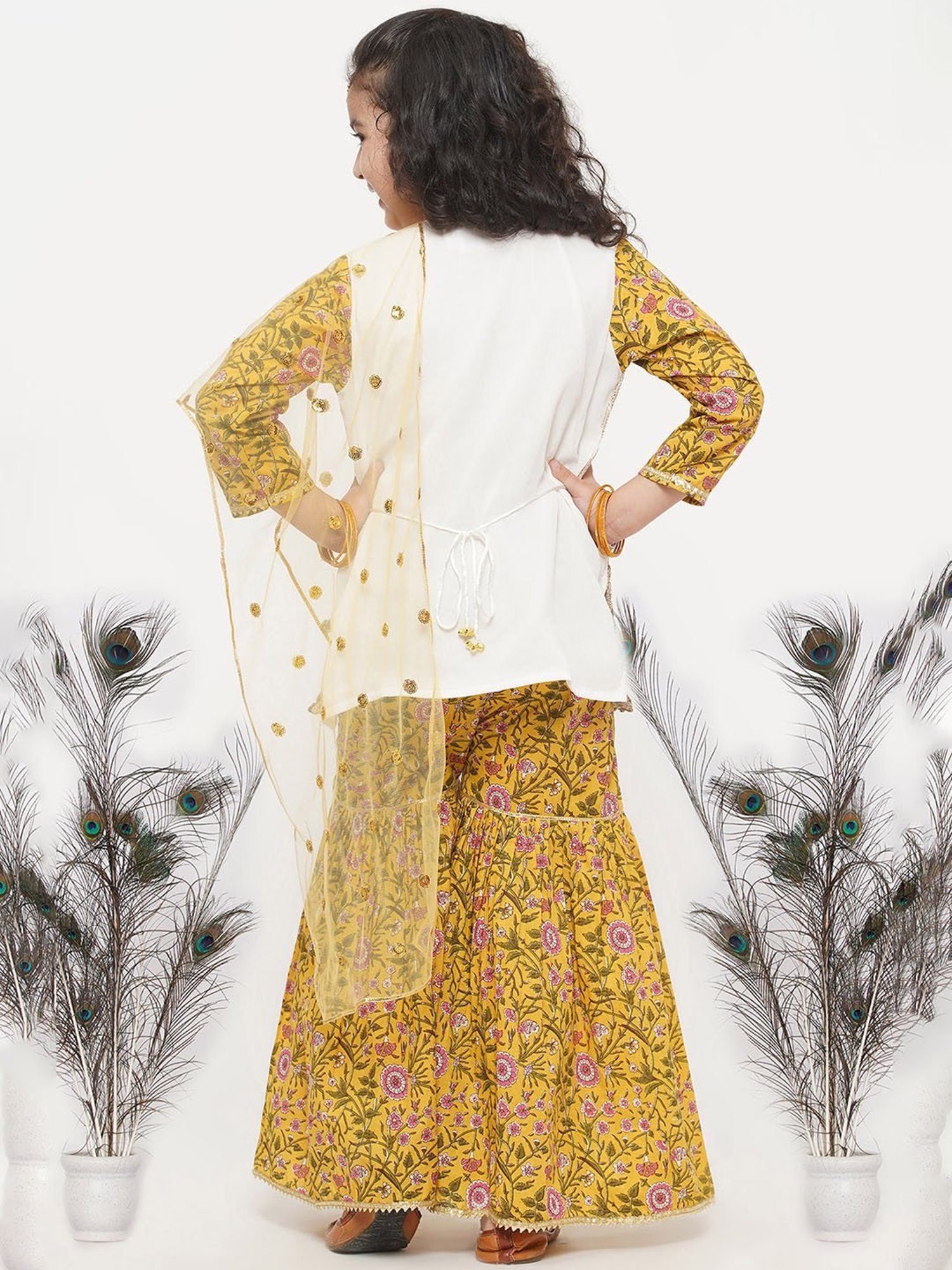 Little Bansi White & Yellow Embellished 1 Kurta, 1 Sharara & 1 Dupatta