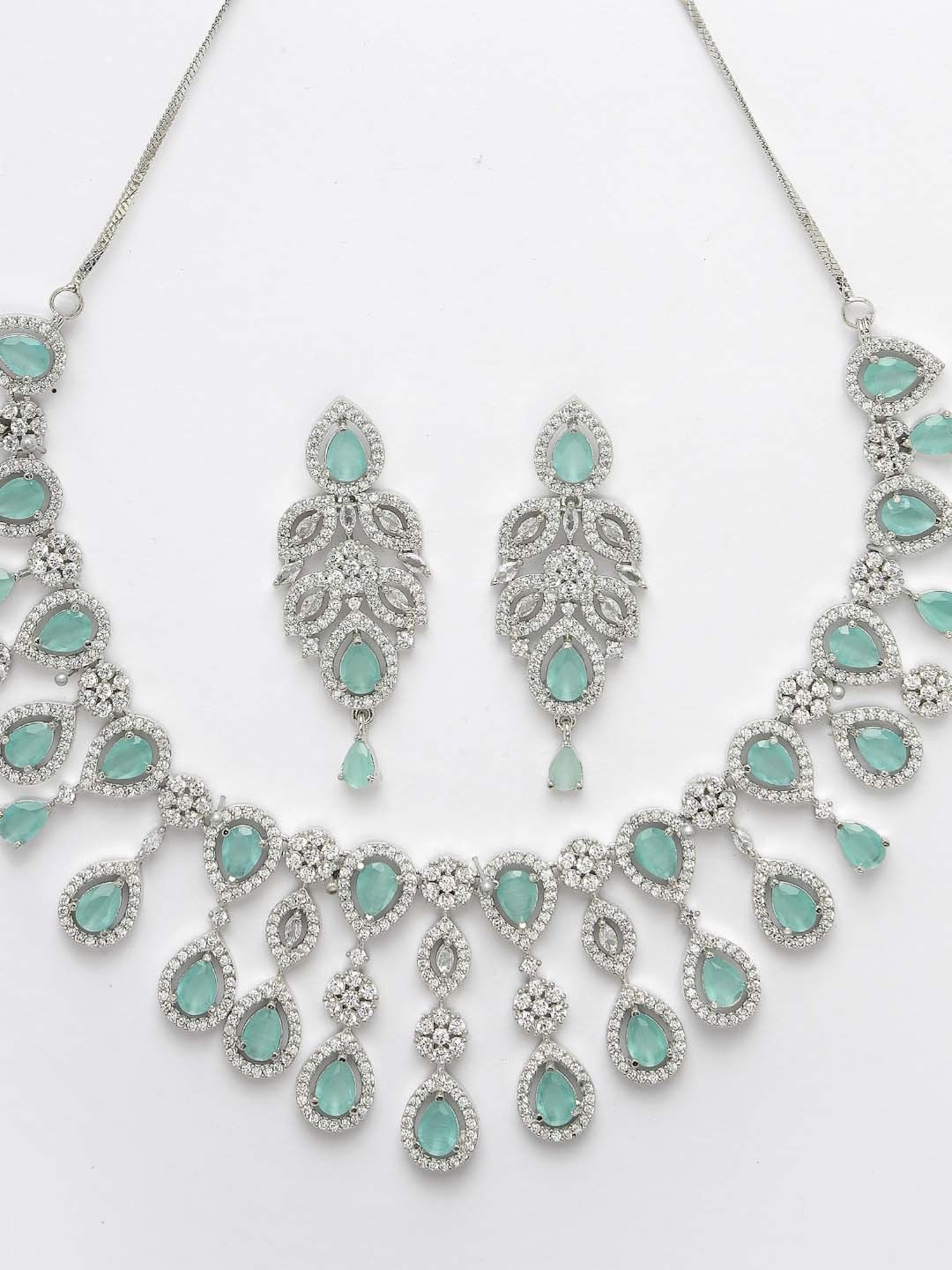 NVR Silver Plated Turquoise CZ Stone Handcrafted Jewellery Set For Women
