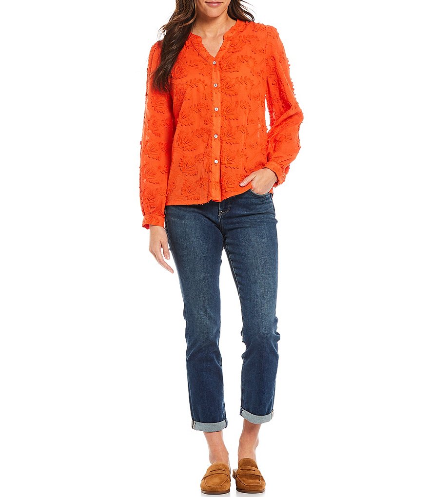 Tru Luxe Jeans Long Sleeve Split Round Neck Tonal Embroidered Button Front Top