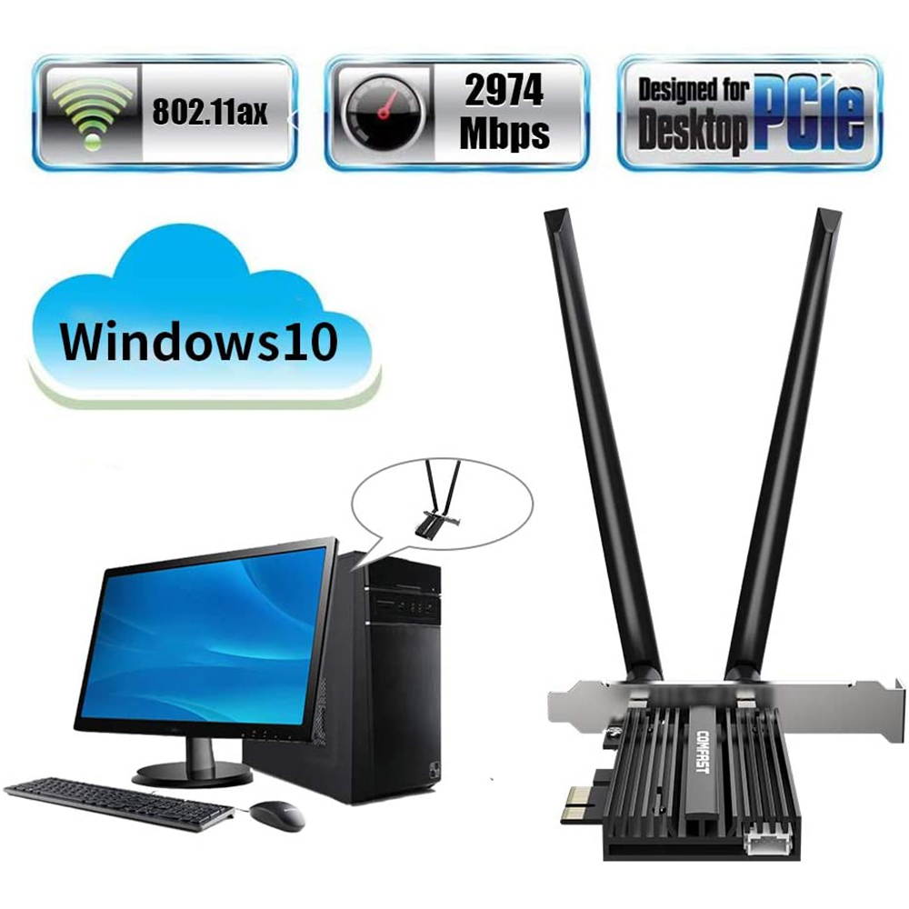 WiFi 6 PCIE Card 2974Mbps AX200 Wireless Adapter WiFi Card with Bluetooth 5.0, 802.11ax, MU-MIMO, Dual-Band(5GHZ 2400Mbps+2.4GHZ 574Mbps) for PC, Support Windows 10 64bit, Chrome OS and Linux