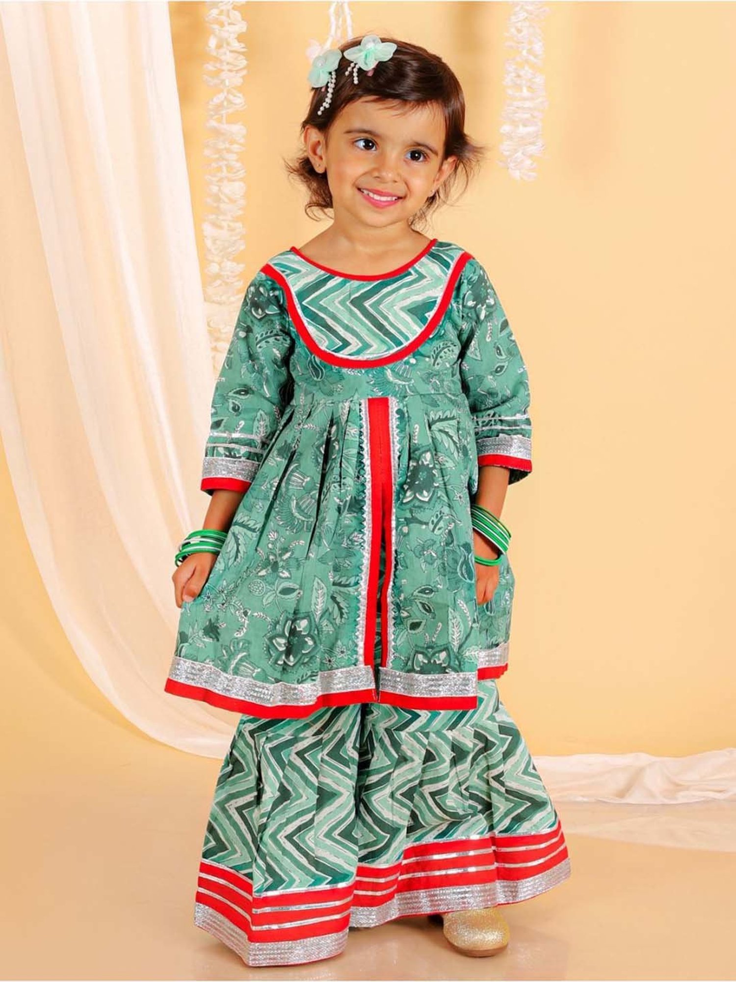 The Mom Store Kids Green & Red Cotton Printed Full Sleeves Kurta Set