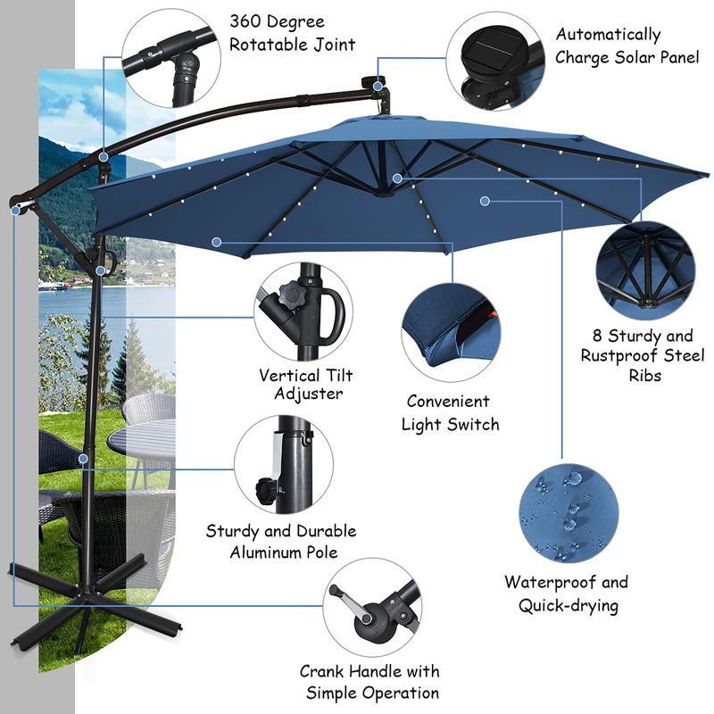 Costway 10FT Patio Offset Umbrella Solar Powered LED 360Degree Rotation Aluminum Blue