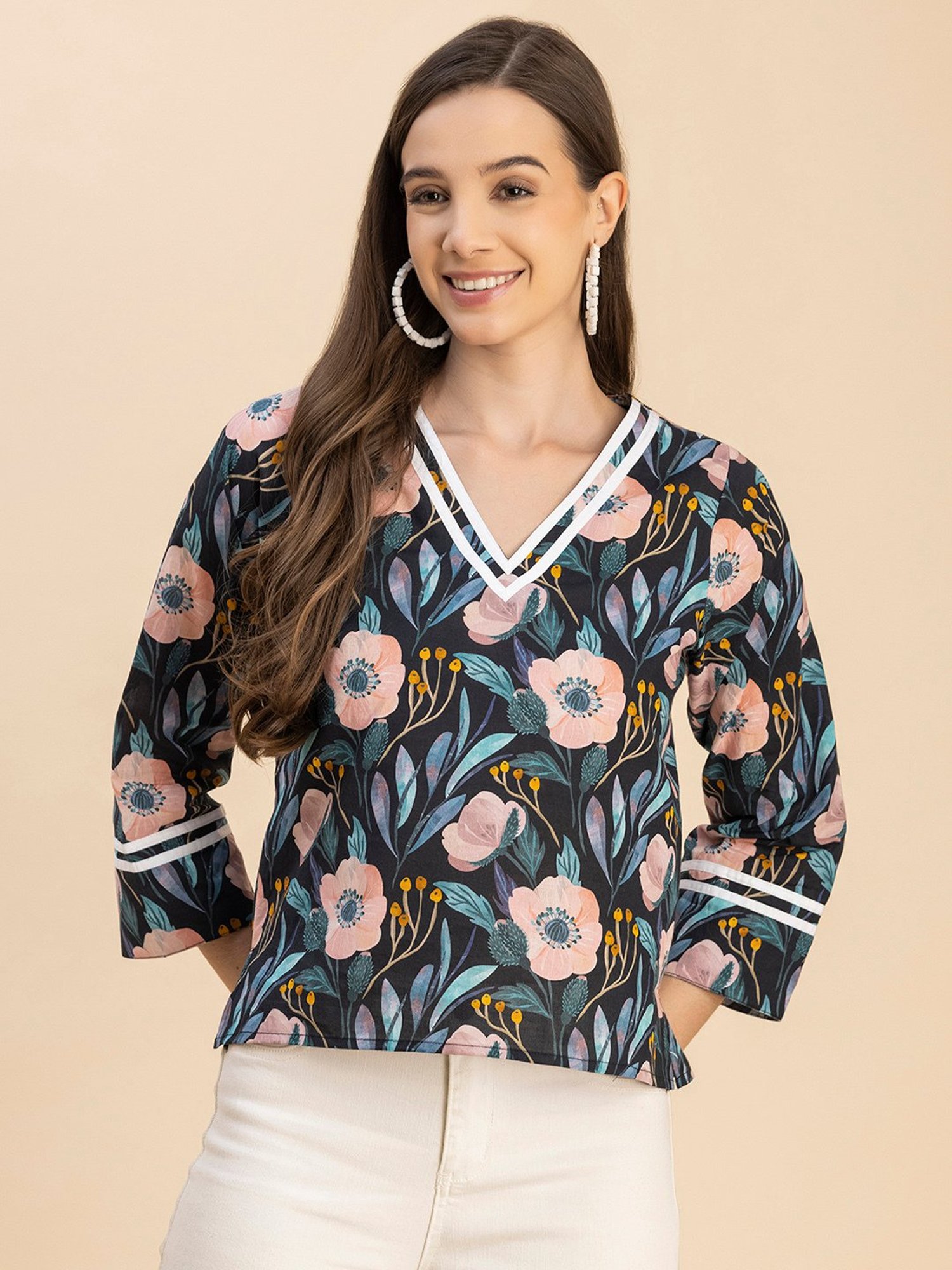 Moomaya Black Cotton Floral Print Top