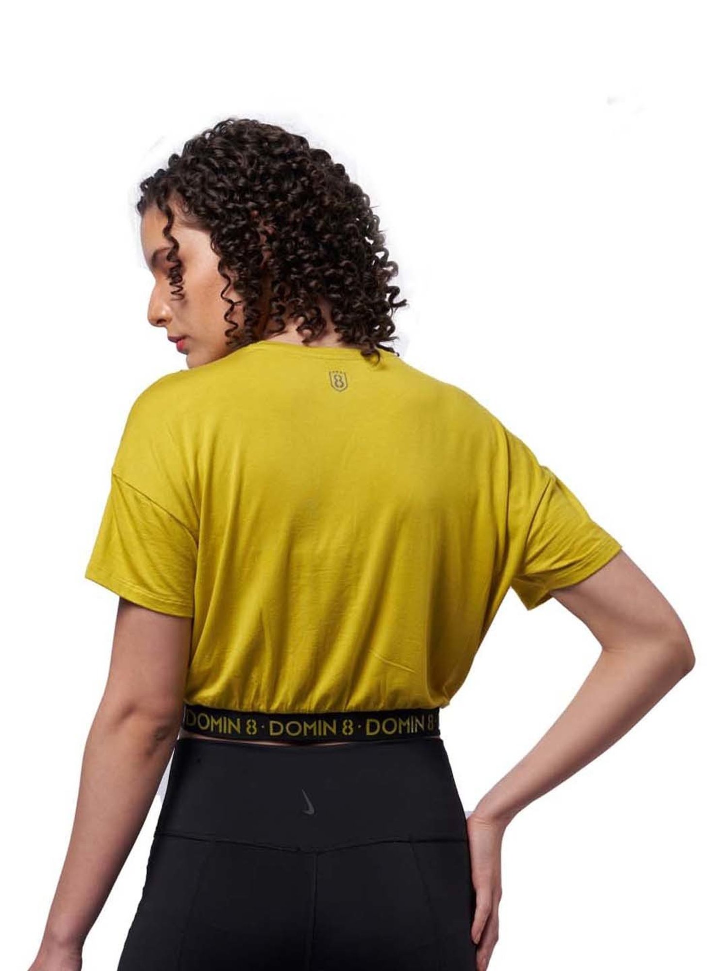 Domin8 Women Solid Shoulder Crop Top With Waist Elastic Band