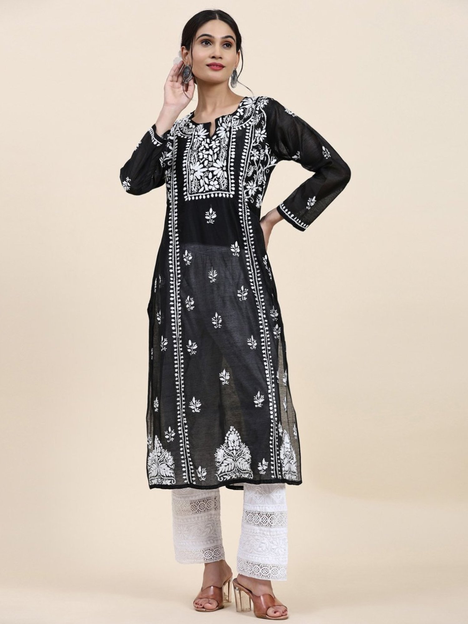 House Of Kari Samma Chikankari Long Kurta in Chanderi Silk for Women- Black