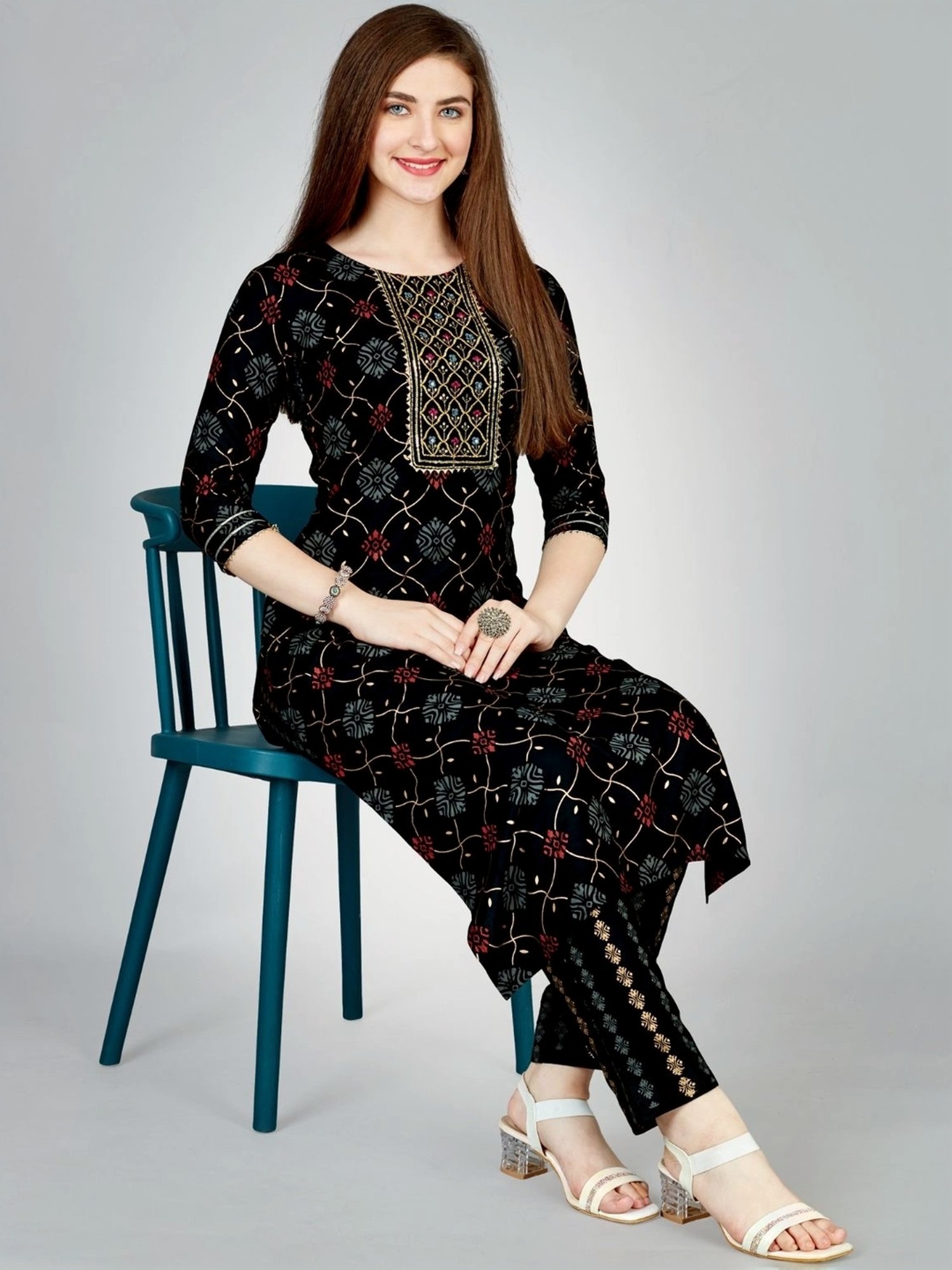 Odette Black Printed Kurta Pant Set
