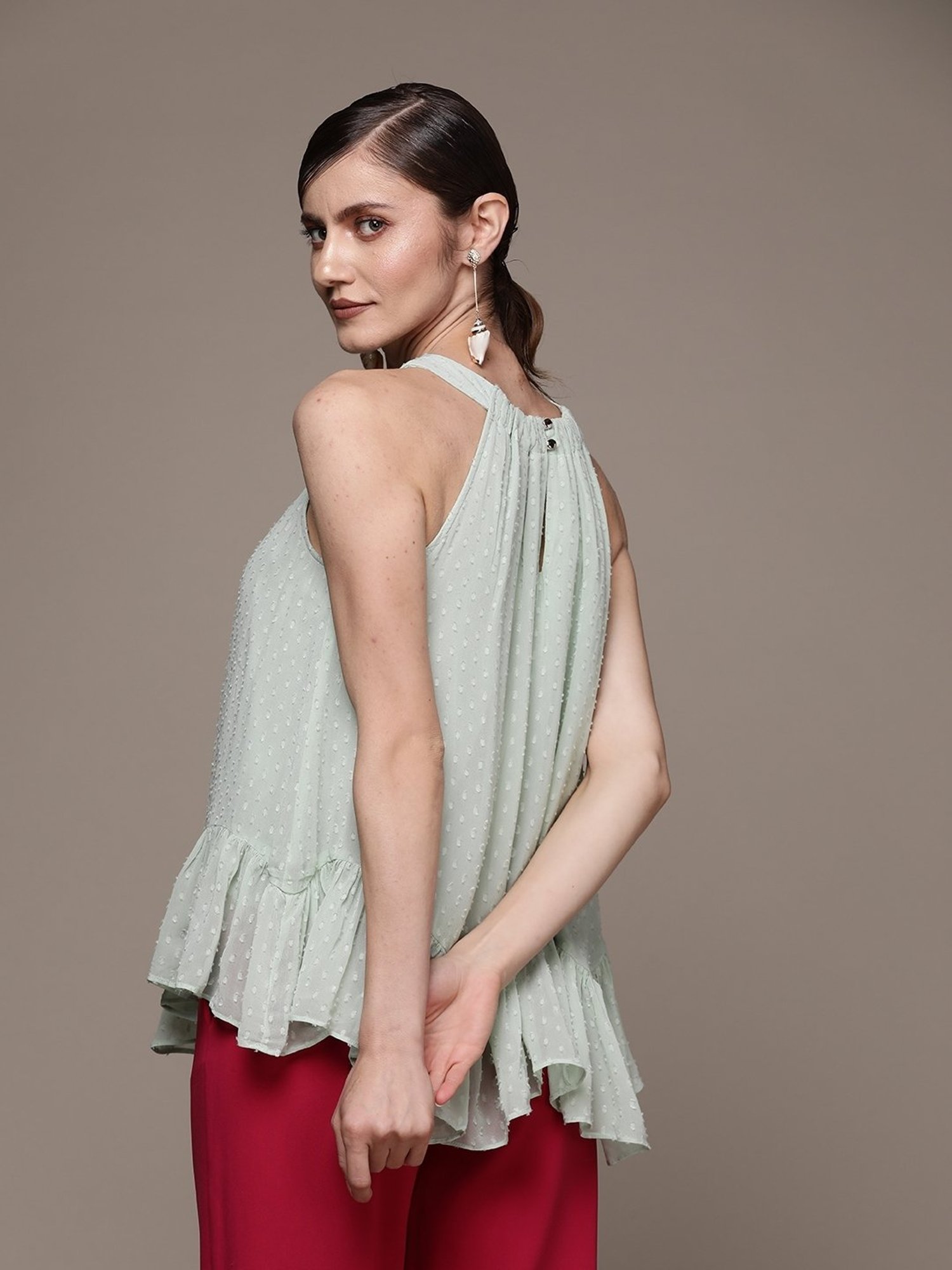 Label Ritu Kumar Mint Georgette Solid Halter Top