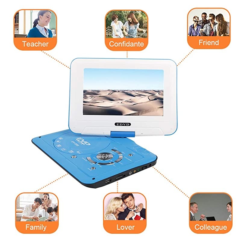 9.8" Portable DVD Player Supports SD Card/USB Port/CD/DVD, Rede Controller,2 Hour Rechargeable Battery, 9" Eye-Protective Screen, Support AV-in/Out,Region Free (Blue)