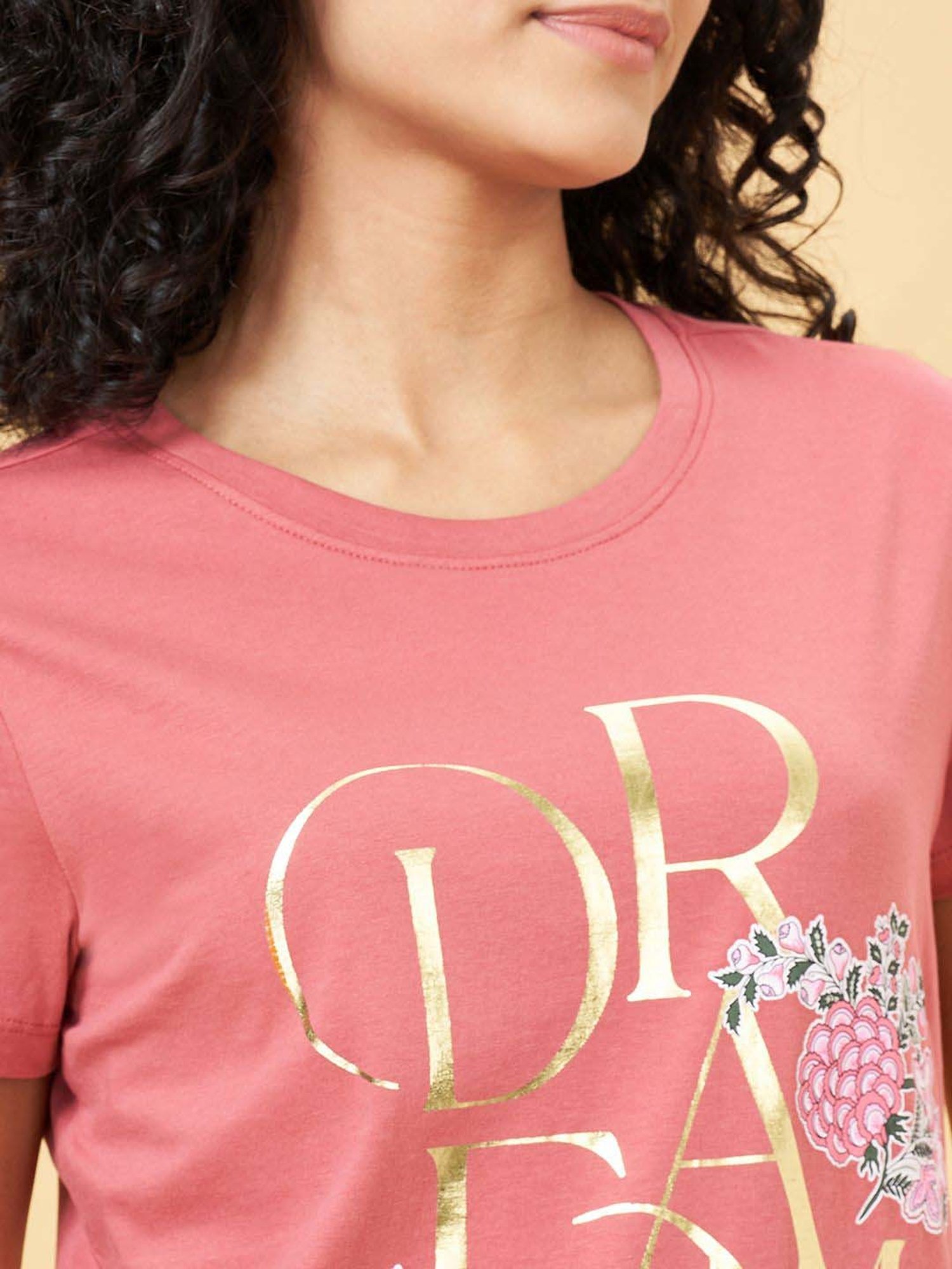 Dreamz by Pantaloons Pink Cotton Printed T-Shirt