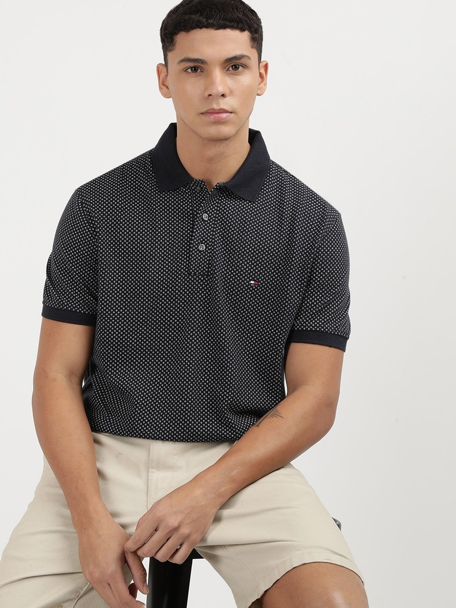 Tommy Hilfiger Desert Sky Melange & Ecru Cotton Regular Fit Graphic Polo T-Shirt