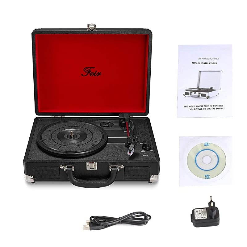 Stereo Black Record Player 3 Speed Portable Turntable Suitcase Built in 2 Speakers RCA Line Out AUX Headphone Jack PC Recorder