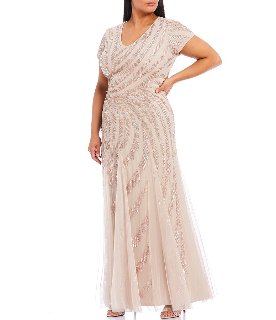 Adrianna Papell Plus Size V-Neck Short Sleeve Beaded Gown
