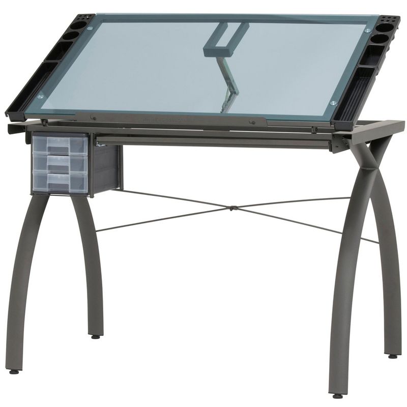 SD Studio Designs Futura Crafting, Drafting, & Drawing Table with Adjustable Top, Pewter and Blue Glass