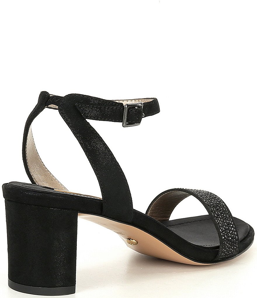 Pelle Moda Moira Metallic Suede Crystal Embellished Ankle Strap Dress Sandals