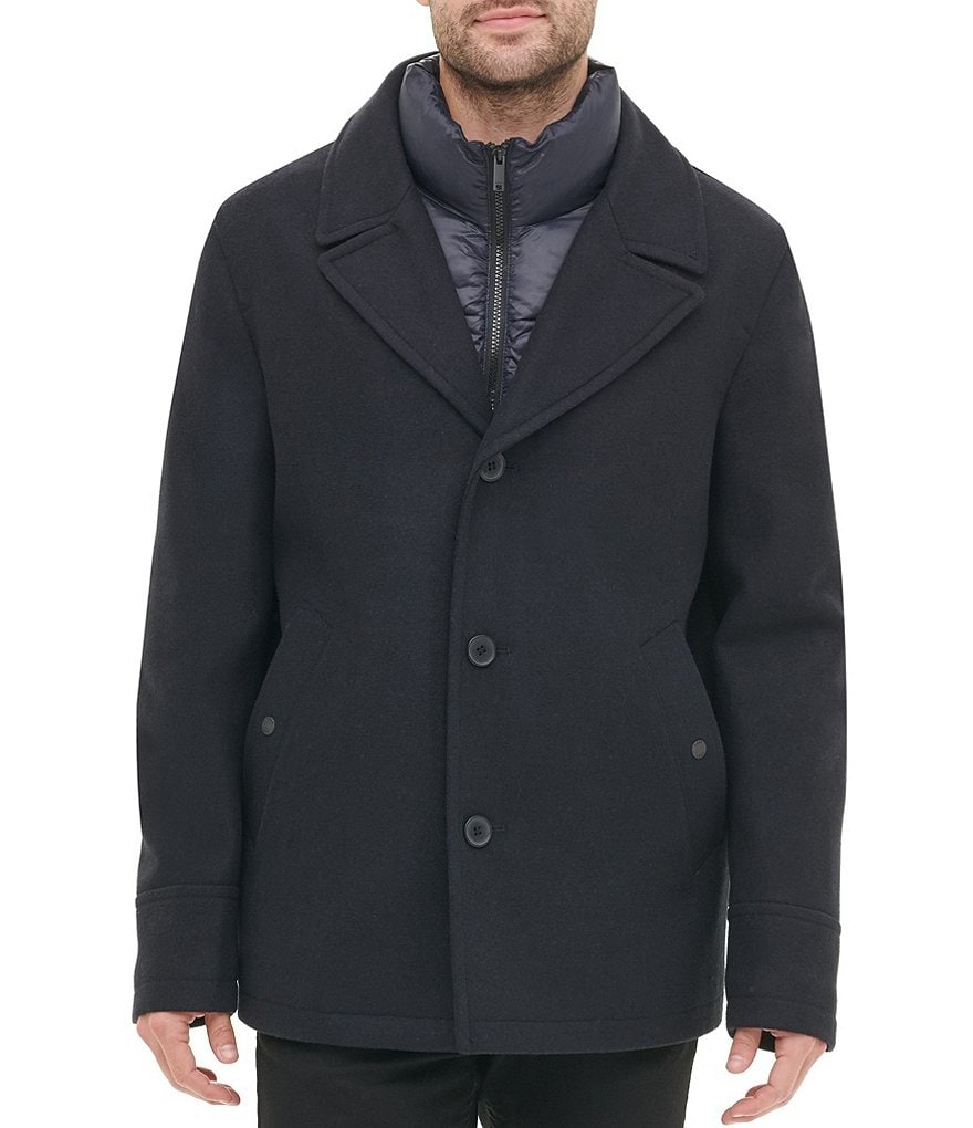 DKNY Long-Sleeve Nylon Quilted-Bib Wool-Blend Peacoat