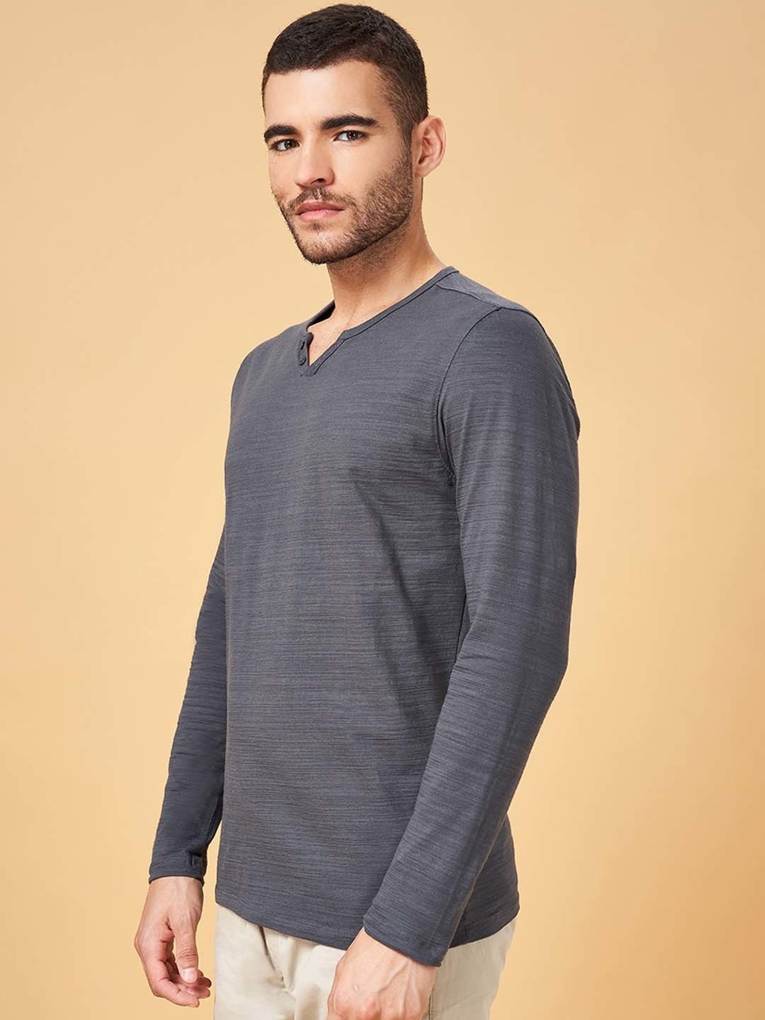 Urban Ranger by Pantaloons Dark Grey Slim Fit Henley T-Shirts