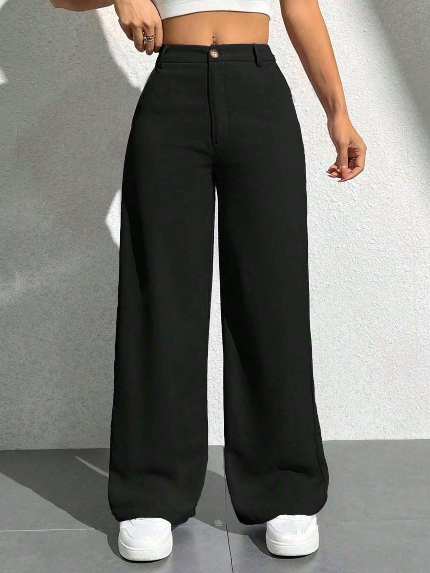 BUYNEWTREND Black High rise Formal Trousers