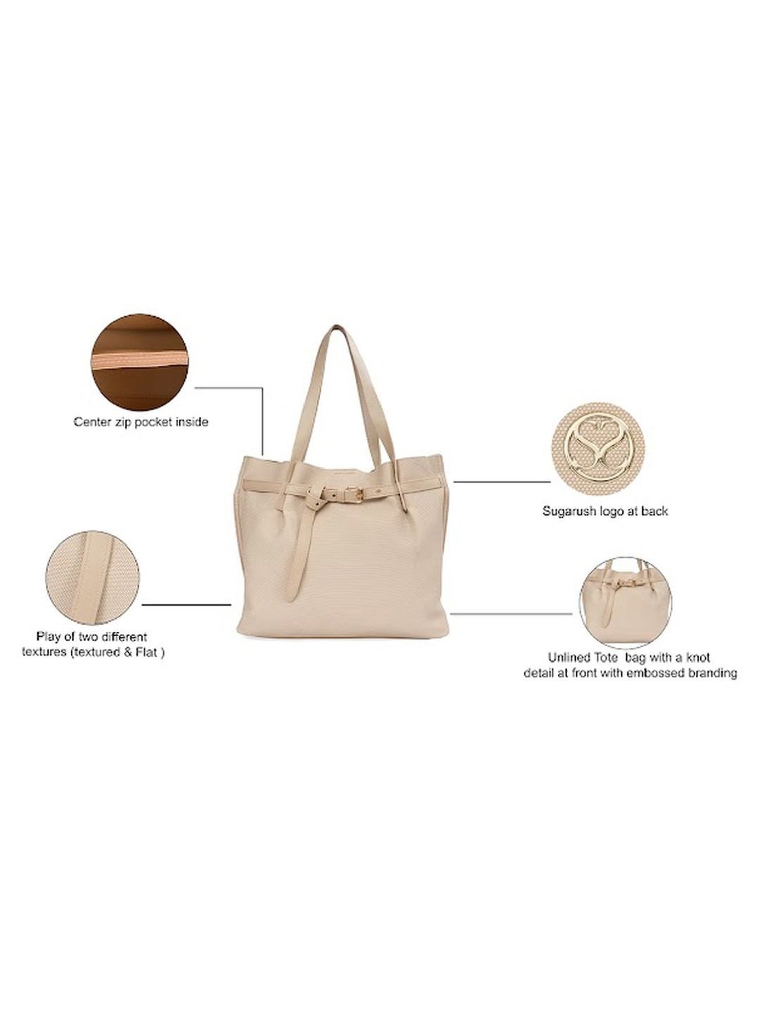 Sugarush Ancy Beige PU Solid Tote Handbag