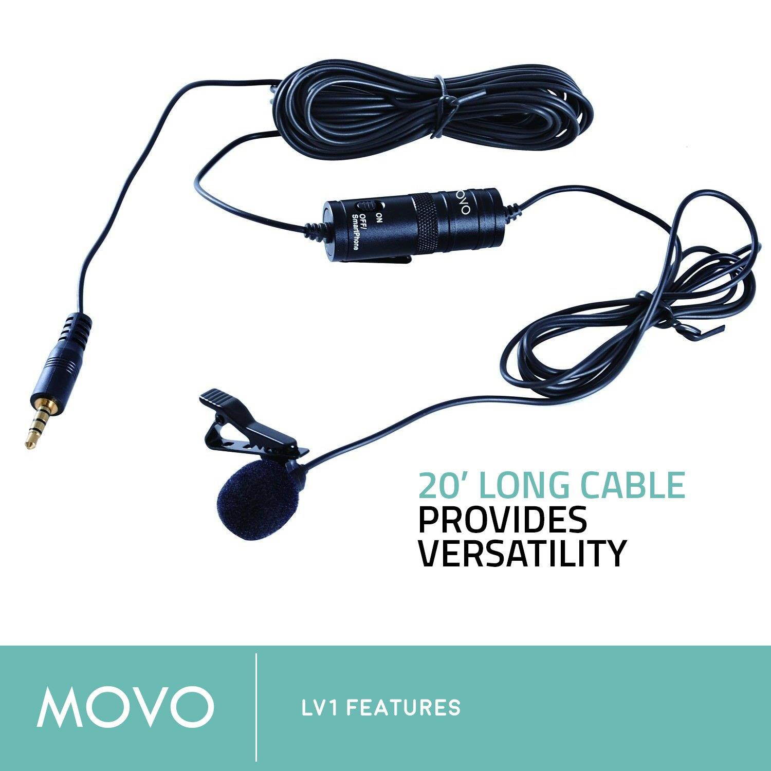 Movo LV1 Lavalier Lapel Clip-on Omnidirectional Condenser Microphone for Cameras, Camcorders & Smartphones (Including Apple iPhone, iPad, Samsung Galaxy & Note, etc)